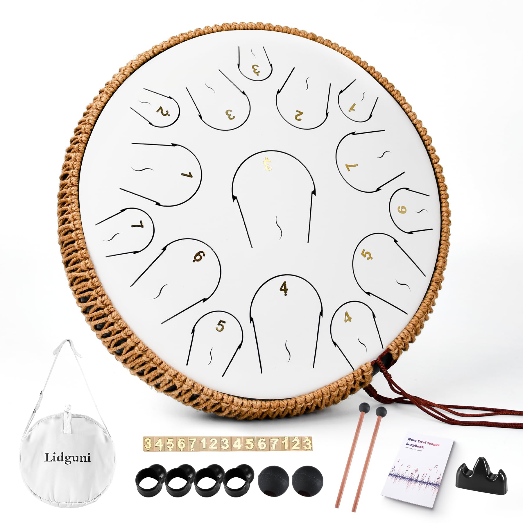 14 Inch 15 Note Steel Tongue Drum in C Major - Professional Handpan Drum with Music Book, Mallets & Carry Bag - Perfect for Meditation, Yoga, Music Therapy & Relaxation (White)