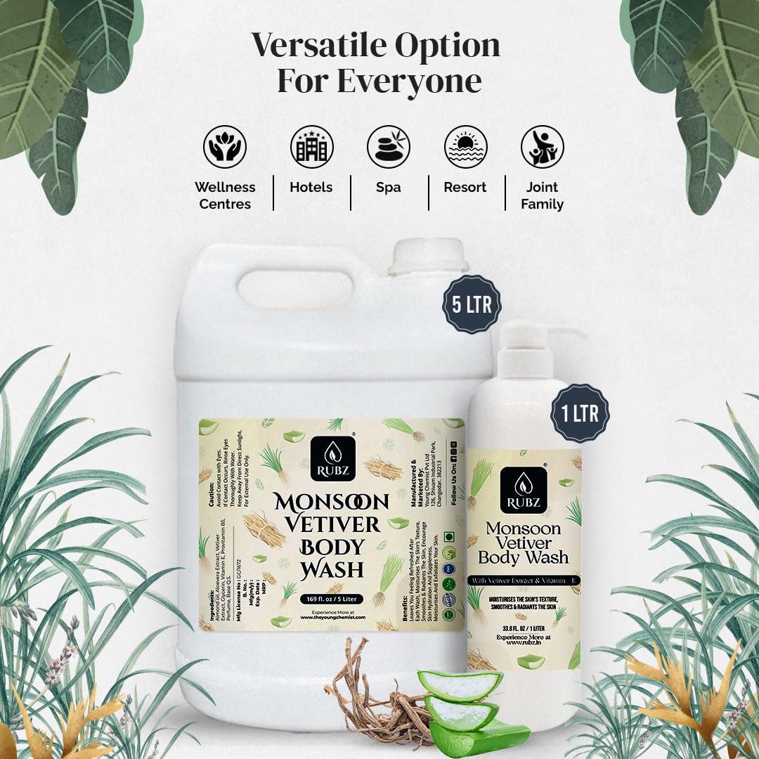 Rubz Monsoon Vetiver Body Wash - Glycerin Enriched, Long-Lasting Fragrance, Soap-Free for Women & Men | Paraben & SLS Free | 1 Litre | Hydrating & Refreshing for Daily Shower & Spa-Like Experience