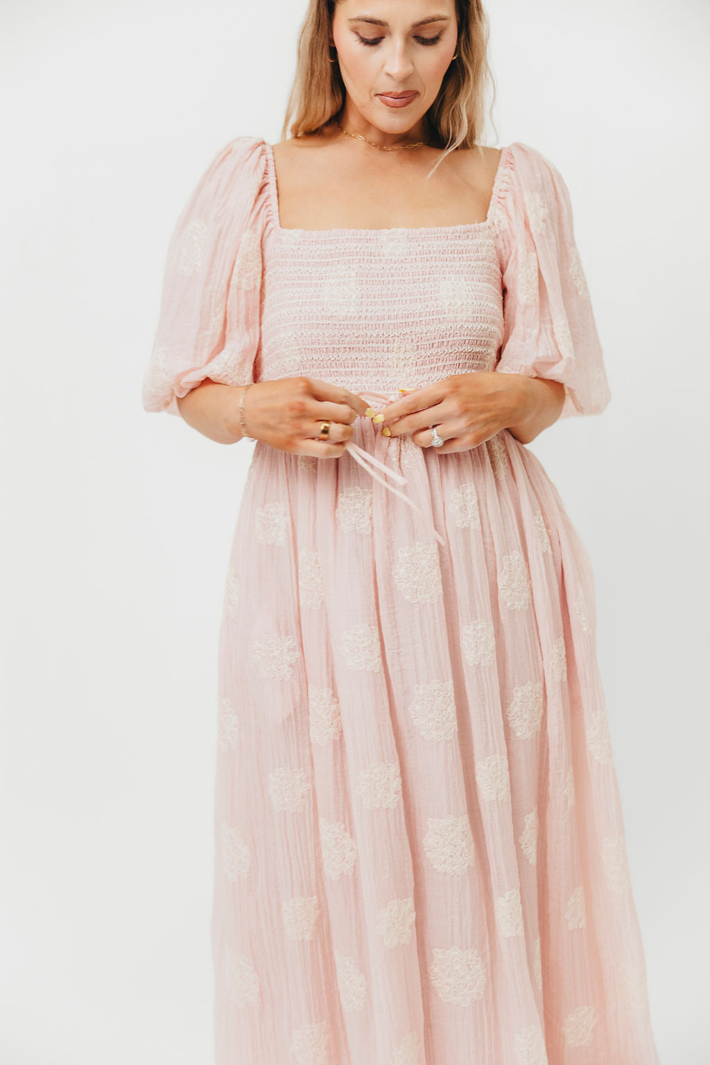 Aimee Women's Smocked Embroidered Floral Midi Dress in Blush Pink - Perfect for Summer Weddings, Garden Parties & Date Nights