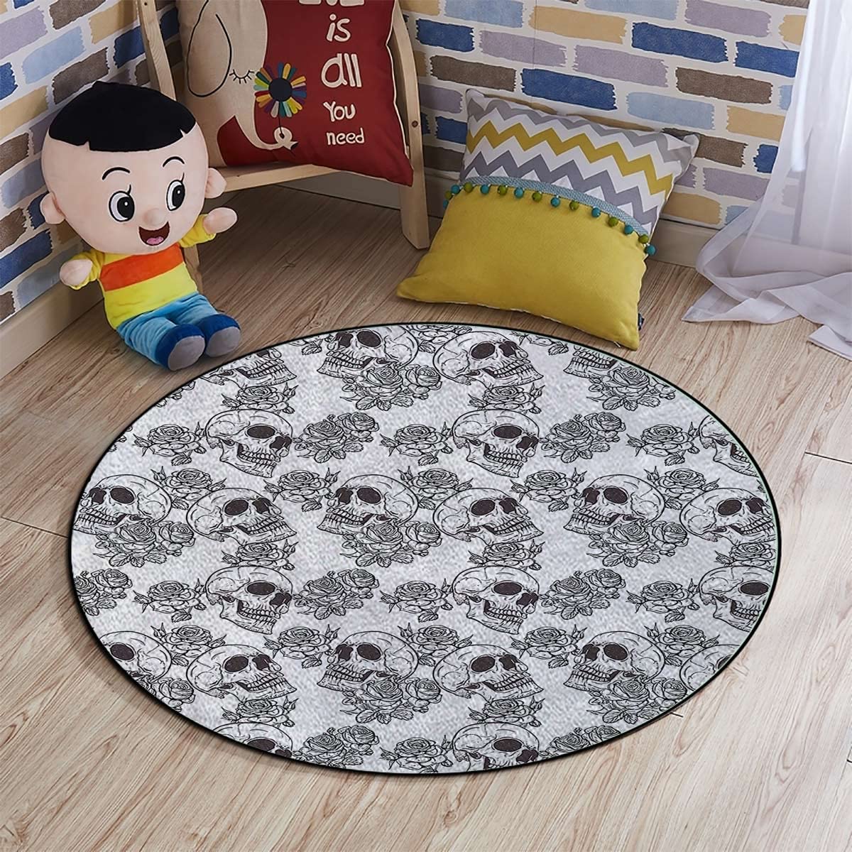 Black & White Gaming Chair Mat - Round Anti-Slip Floor Protector for Home Office (43.3 Inch Diameter) | Halloween Horror Skull Decor | Low Pile Carpet Mat for Computer Chairs & Desk Areas | Perfect for Gaming Setups & Workspaces