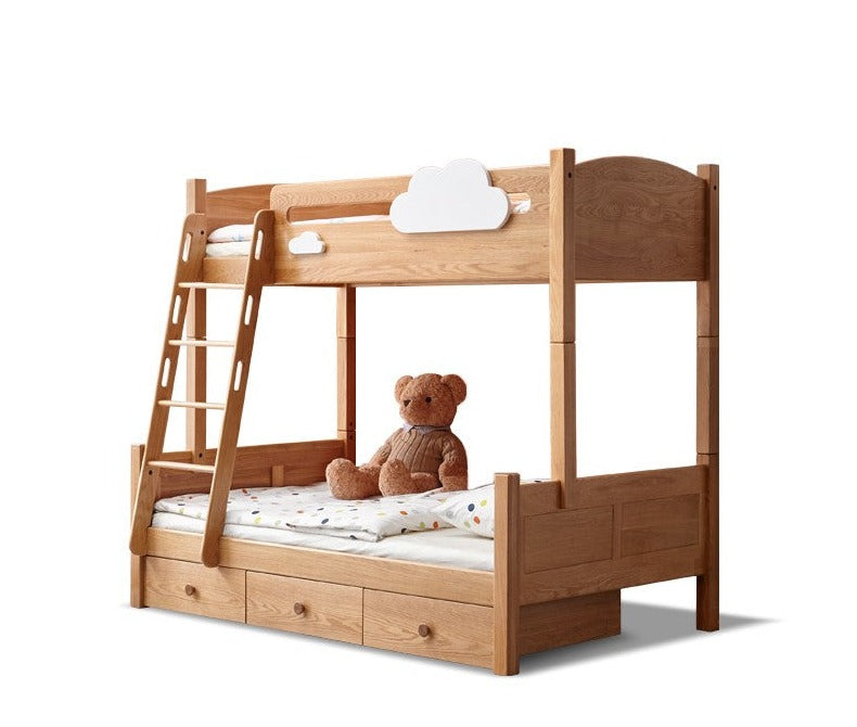 Solid Oak Wood Multi-Functional Bunk Bed with Ladder & Guardrails - Space-Saving Kids Bedroom Furniture for Siblings or Sleepovers