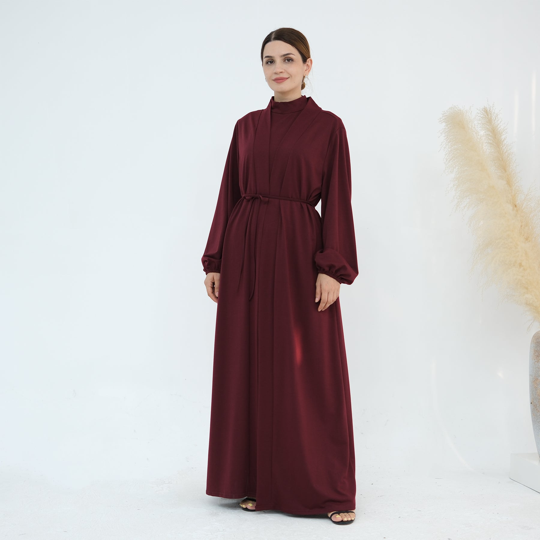 Jojo 3-Piece Modal Abaya Set in Wine Red - Premium Muslim Prayer Dress for Women, Comfortable & Breathable Islamic Clothing for Prayer, Mosque, Eid, and Special Occasions