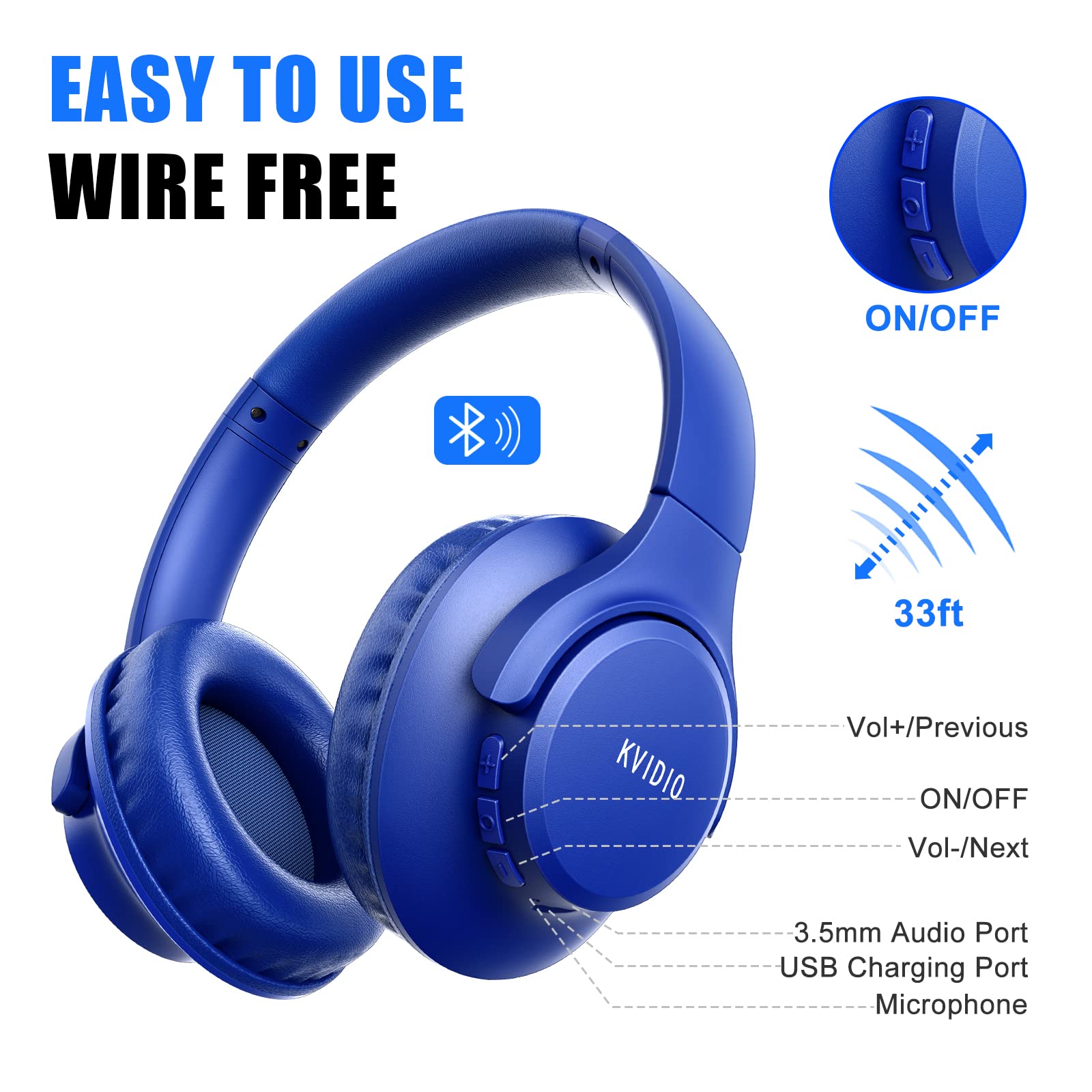 KVIDIO Bluetooth Over-Ear Headphones - 65H Playtime, Built-in Mic, Foldable & Lightweight with Deep Bass & HiFi Stereo Sound for Travel, Work, Gaming, PC & Smartphones (Blue) | Perfect for Commuting, Office Use & Entertainment