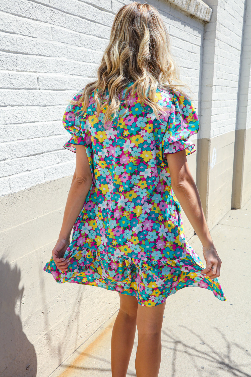 Elegant Blue Smocked Notch Neck Babydoll Floral Print Dress - Perfect for Summer Parties, Weddings & Date Nights