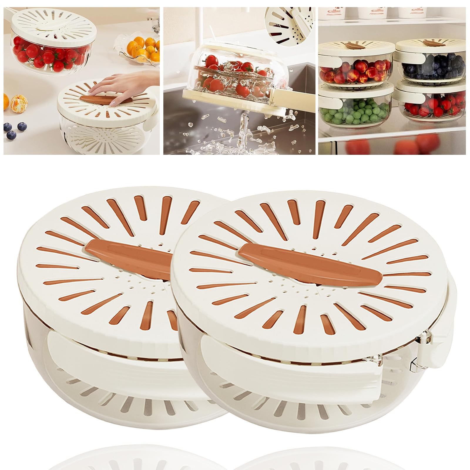 2-in-1 Multifunctional Fruit Washing Bowl with Drain Basket & Handle - Vegetable & Berry Strainer Container for Kitchen, Camping & Picnics (Brown, 2-Pack)