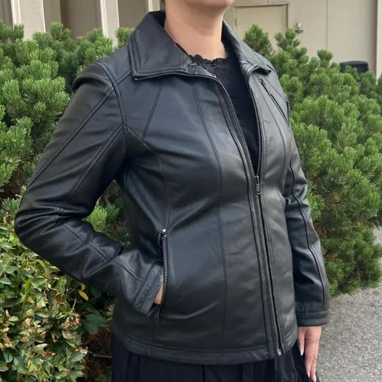 Vintage Women's Lamb Leather Jacket with Classic Collar - Stylish Outerwear for Fall & Winter Fashion, Date Nights & Casual Outings