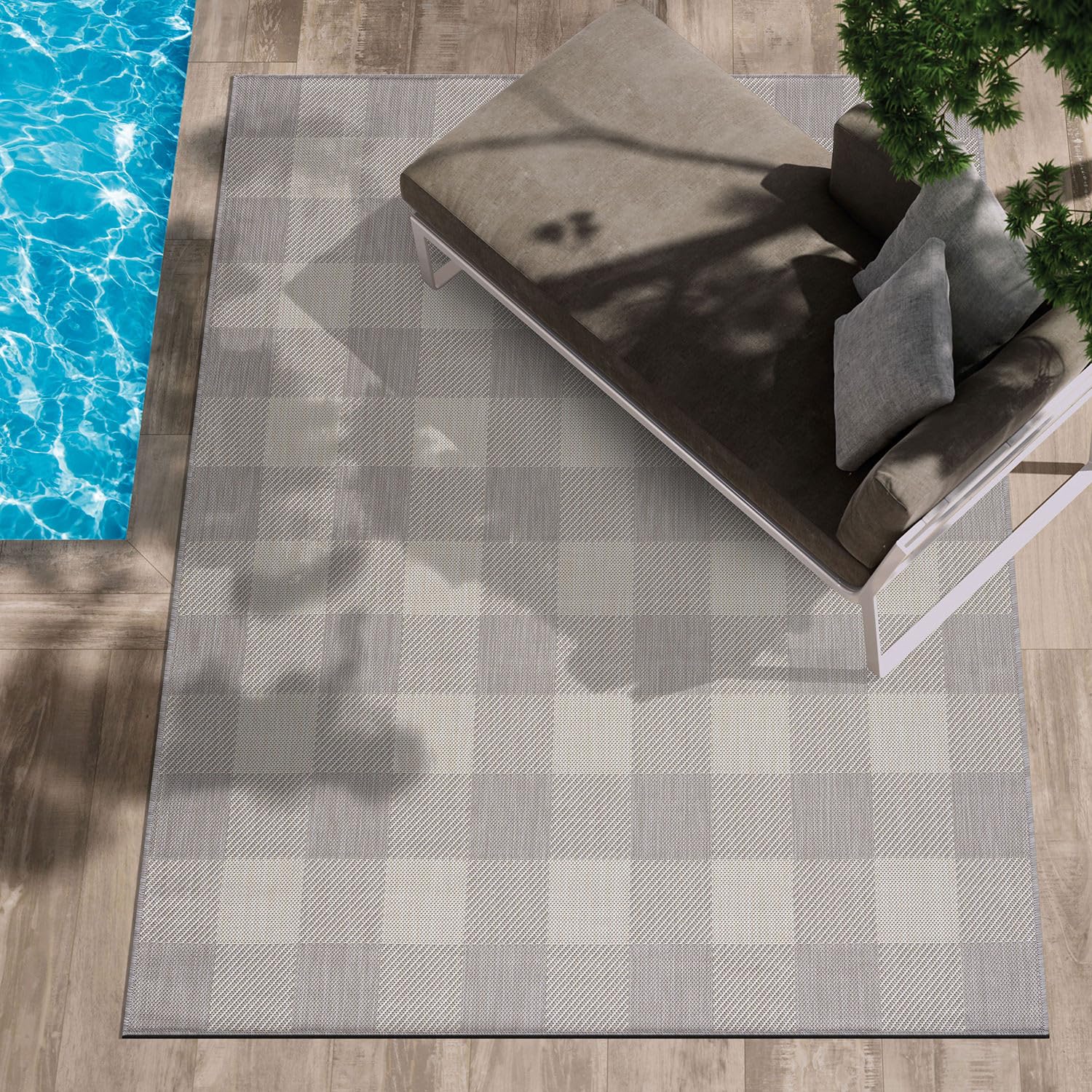 CAMILSON 5x7 Outdoor Rug - Modern Non-Shedding Washable Area Carpet for Patio, Deck, Kitchen & Hallway - Buffalo Grey/White Design - Perfect for Outdoor Entertaining & Indoor Decor