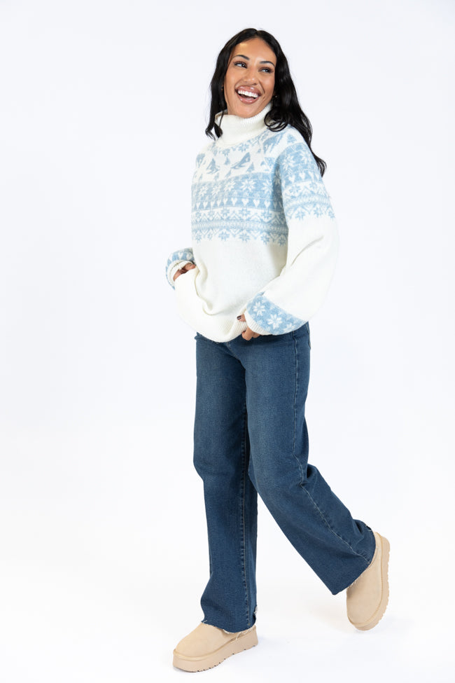 Best Ivory and Blue Ski Print Fair Isle Turtleneck Sweater - Cozy Winter Pullover for Skiing, Christmas & Casual Wear | Final Sale