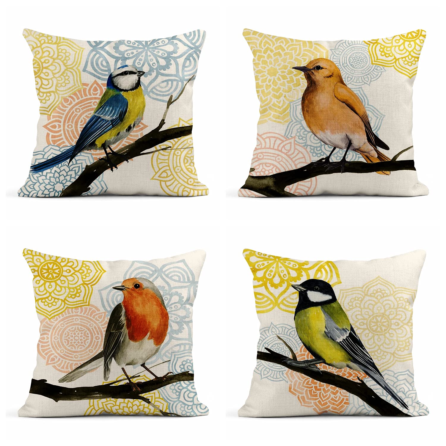 4-Pack 20x20 Inch Linen Throw Pillow Covers - Colorful Mandala Bird Design Square Cushion Covers for Sofa, Bed, Couch - Home Decor & Living Room Accessories (Perfect for Bohemian, Farmhouse & Modern Interior Styling)