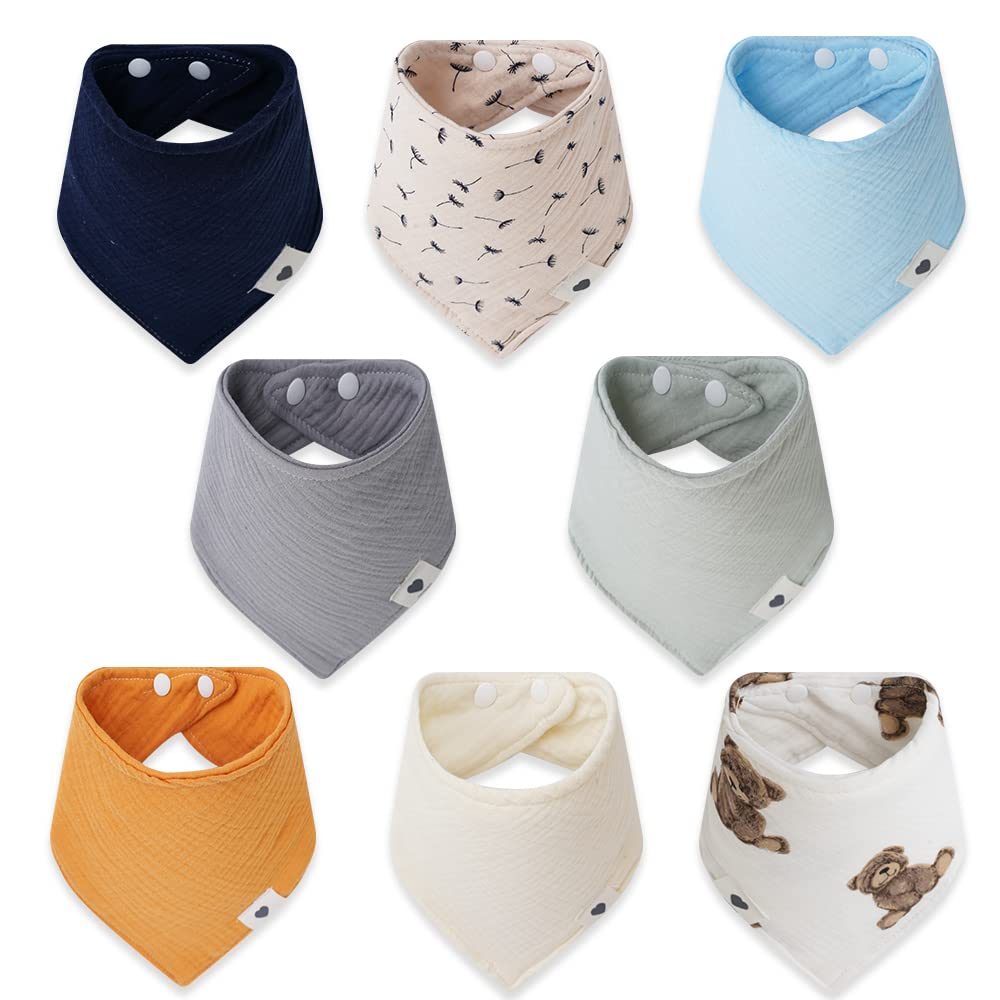 Premium 8-Pack Baby Muslin Bandana Bibs - 100% Cotton Ultra Soft & Super Absorbent Drool Bibs for Boys & Girls - Perfect for Teething, Drooling & Everyday Use at Home or Outdoors