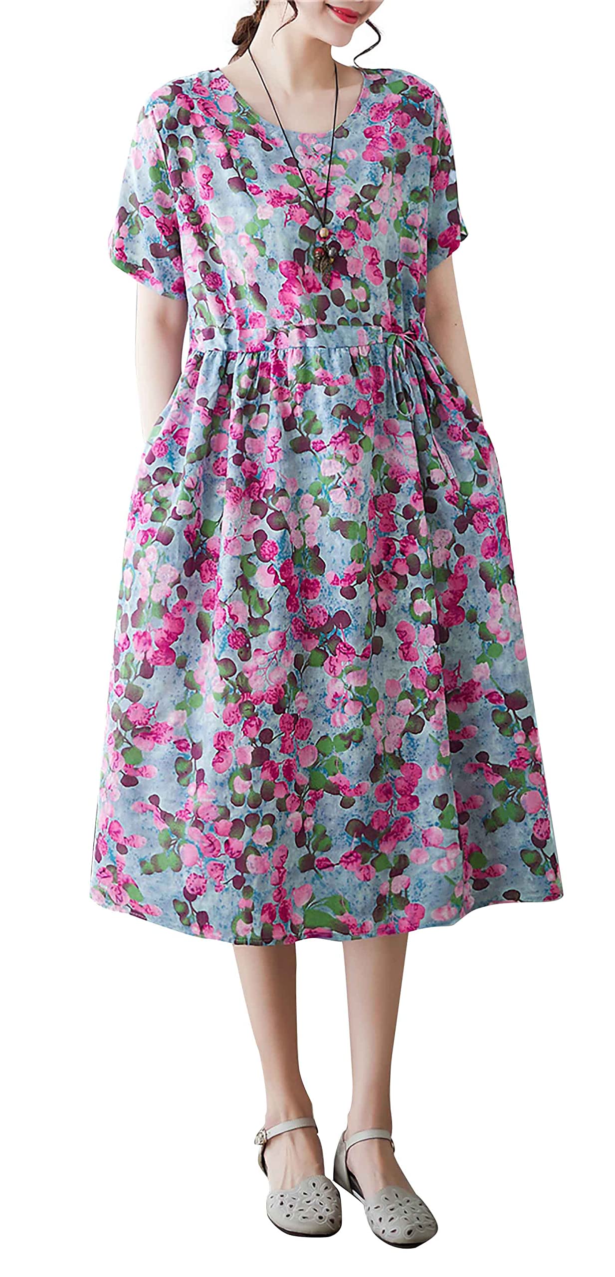 DOVWOER Women's Floral Linen Midi Dress - Boho Casual Short Sleeve Loose Fit with Pockets | Perfect for Summer Beach Vacations, Outdoor Picnics & Boho Fashion Style