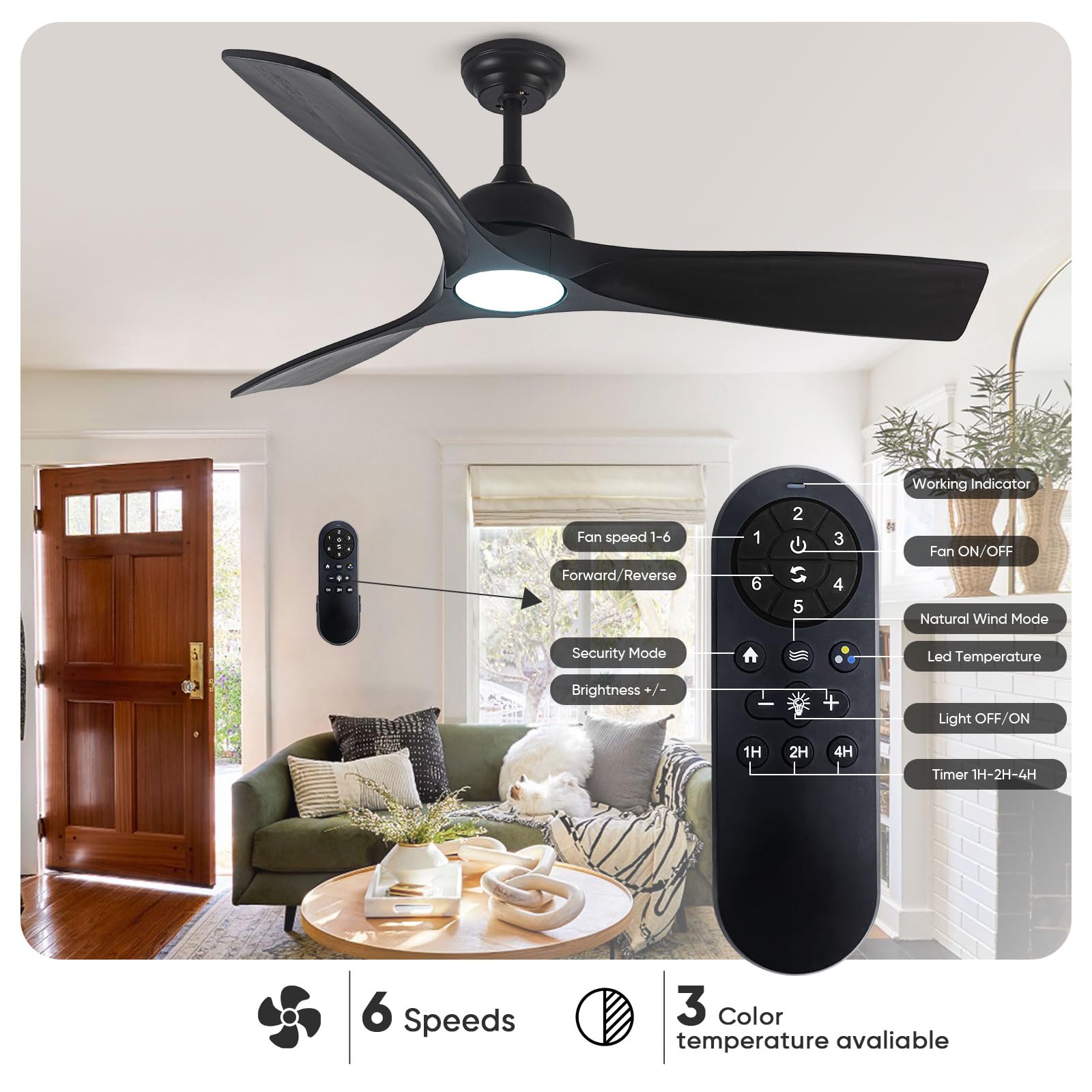 52 Inch Black Ceiling Fan with Lights & Remote - 3 Blade Solid Wood DC Motor Fan, Dimmable LED Light - Modern Indoor/Outdoor Ceiling Fan for Bedroom, Patio, Porch, Living Room & Office - Energy Efficient & Quiet Operation