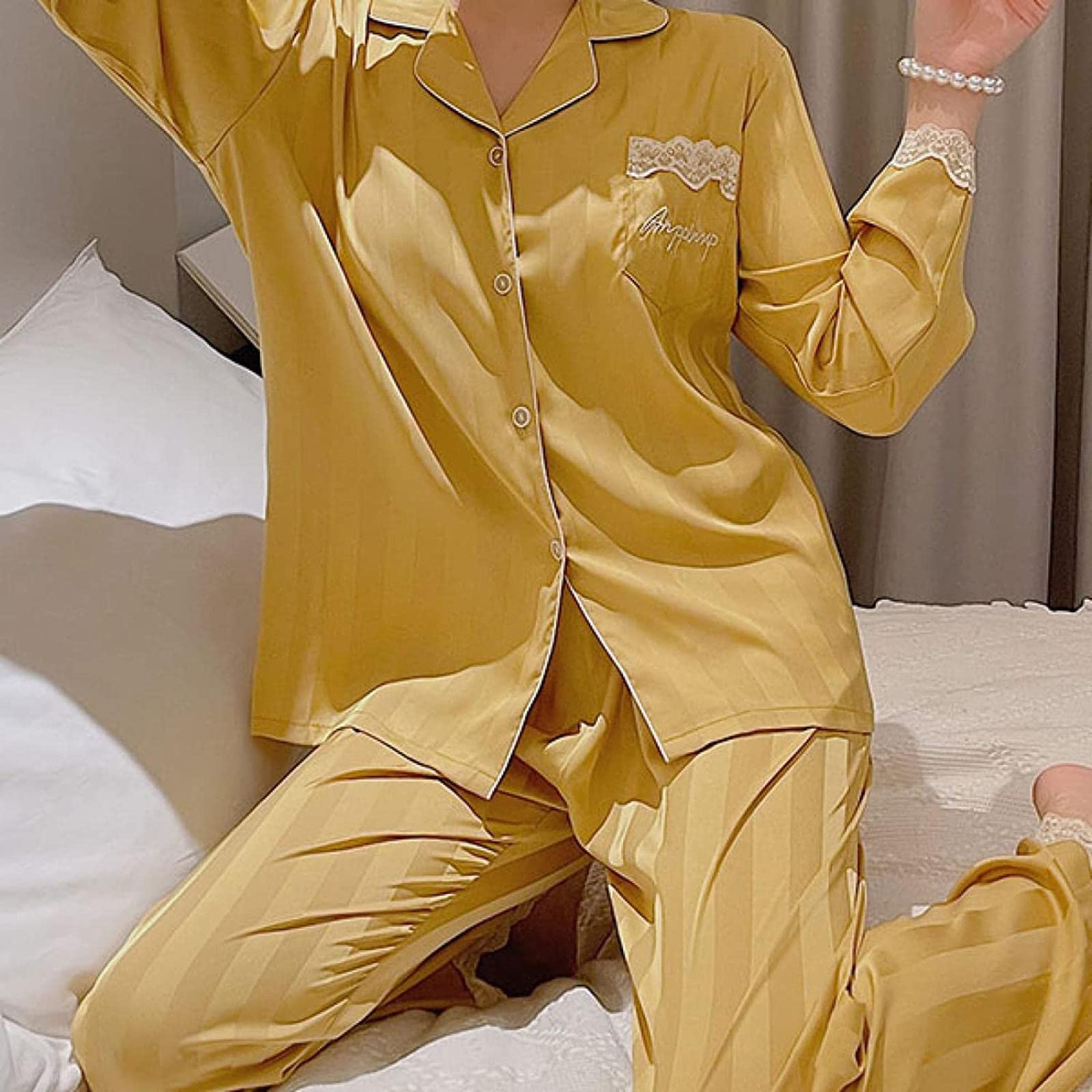 Women's Lace Silk Satin Pajama Set - 2-Piece Long Sleeve Comfortable Sleepwear Loose Fit Button Down PJs for Lounge & Bedtime | Perfect for Relaxing at Home, Gift Giving & Special Occasions