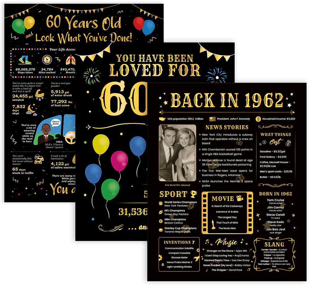 60th Birthday Gifts for Women & Men - Funny 1962 Vintage Poster Set (3 Unframed 8x10) - Perfect for 60th Birthday Party Decorations, Anniversary Celebrations & Nostalgic Home Decor - Great Gift Idea for Him or Her