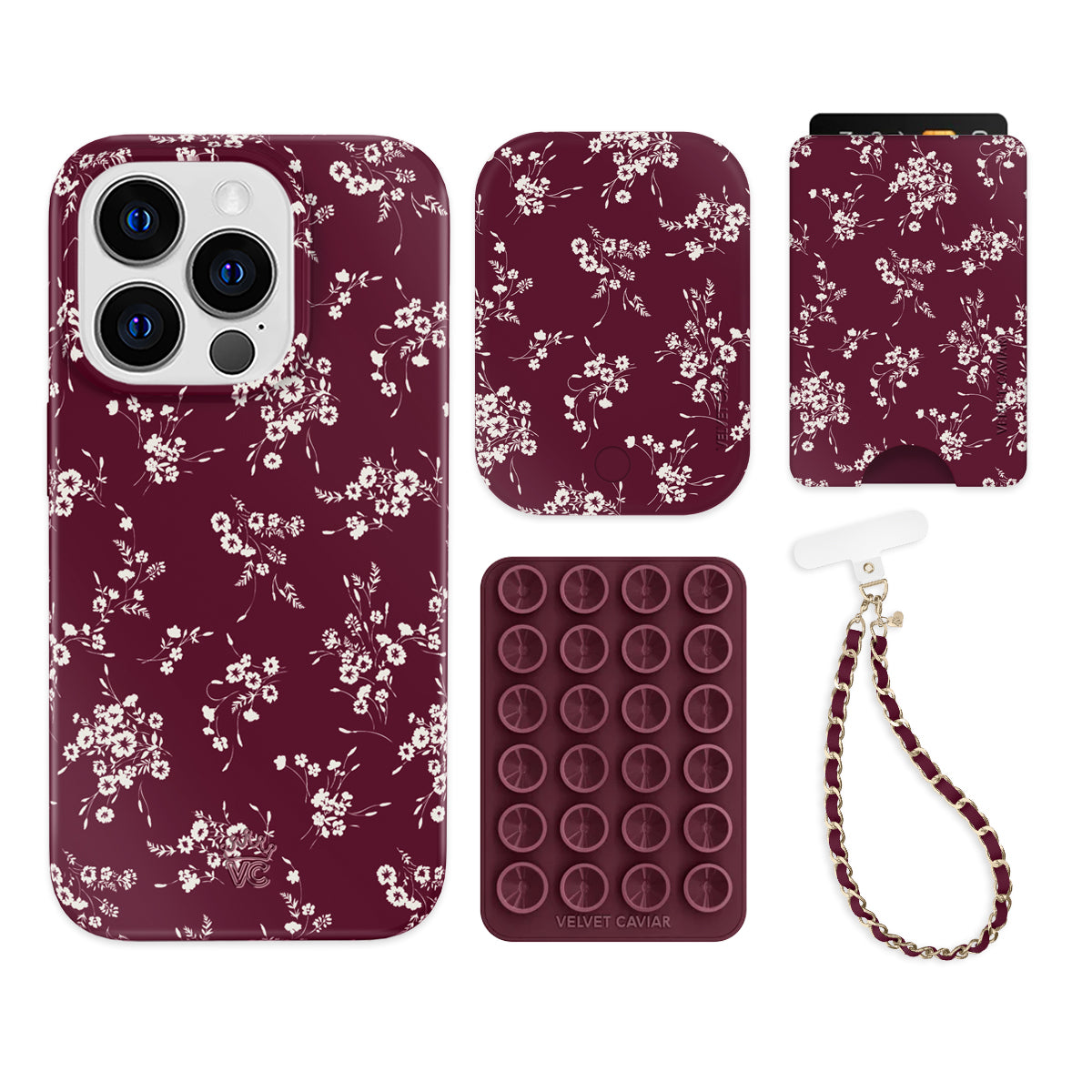 French Burgundy Floral iPhone Case with Wallet - Stylish Phone Accessory for Women | Perfect for Everyday Use, Travel & Shopping
