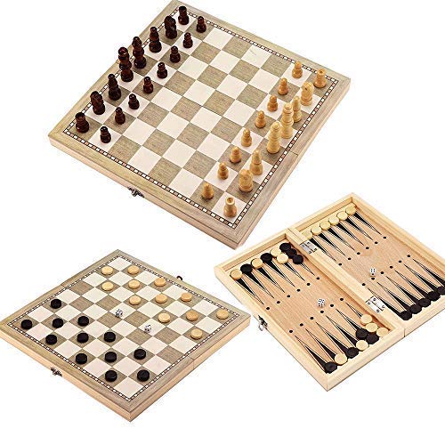 Premium 3-in-1 Foldable Wooden Chess Set - International Chess, Backgammon & Checkers Game Board with Pieces | Portable Travel Games for Adults & Kids | Perfect for Family Game Nights, Camping Trips & Office Breaks