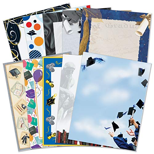 Graduation Party Decorations - Premium 8.5x11 Grad Hat Theme Stationery Set (100 Sheets) with Balloon Confetti Design - Elegant Border Paper & Letterhead for Printer - Perfect for Graduation Invitations, Scrapbooking & School Events
