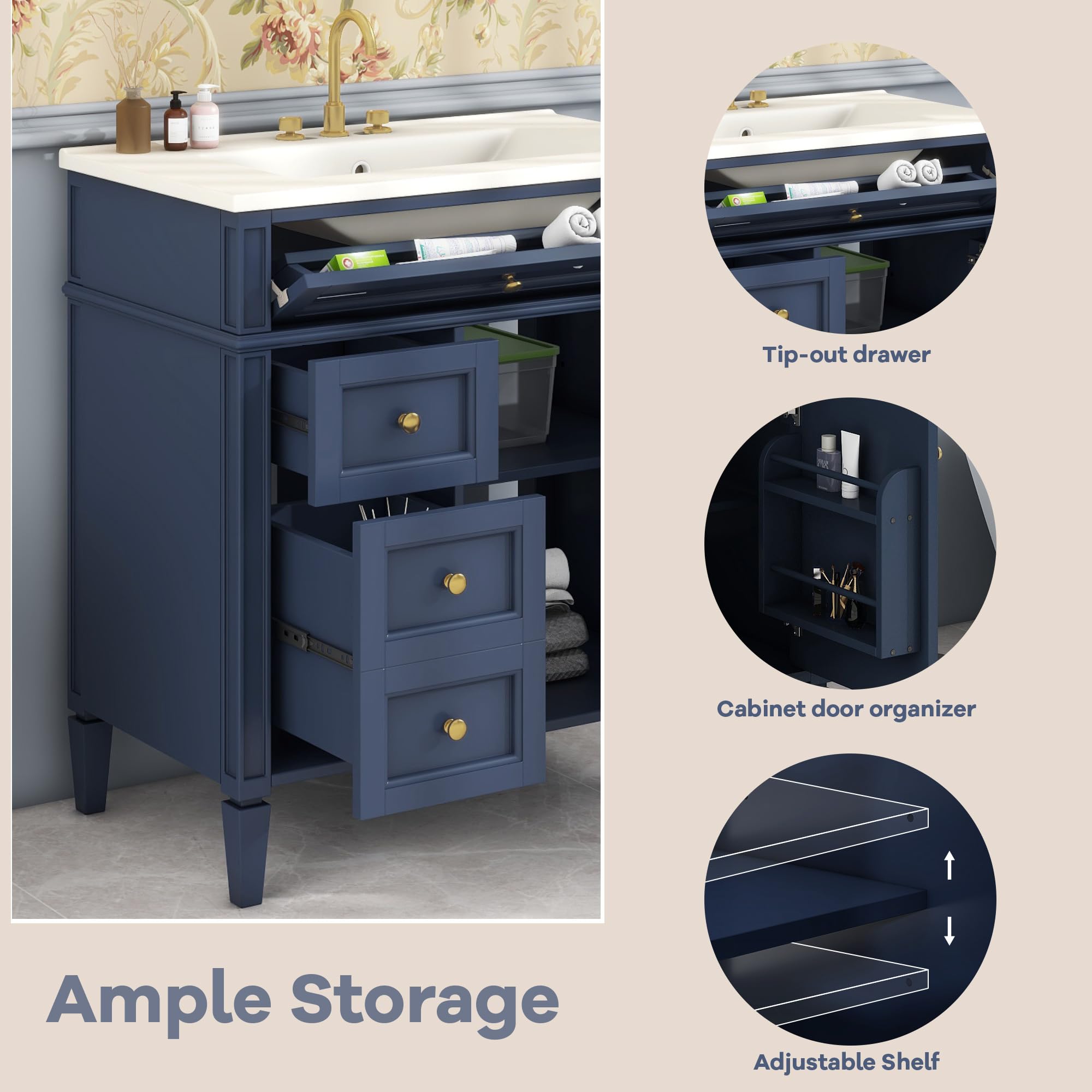 Polibi 30 Inch Modern Bathroom Vanity with Top Sink - Single Sink Vanity Cabinet with 2 Drawers, Tip-Out Drawer & Door Organizer - Blue Bathroom Storage for Small Spaces & Apartment Bathrooms