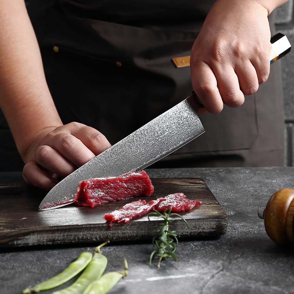 Premium Damascus Steel Kitchen Knife Set - 3-Piece Chef, Cleaver & Paring Knives with Resin & Horn Handle for Professional Cooking | Perfect for Home Chefs, Culinary Students & Restaurant Use (Color: B8800-3pcA)