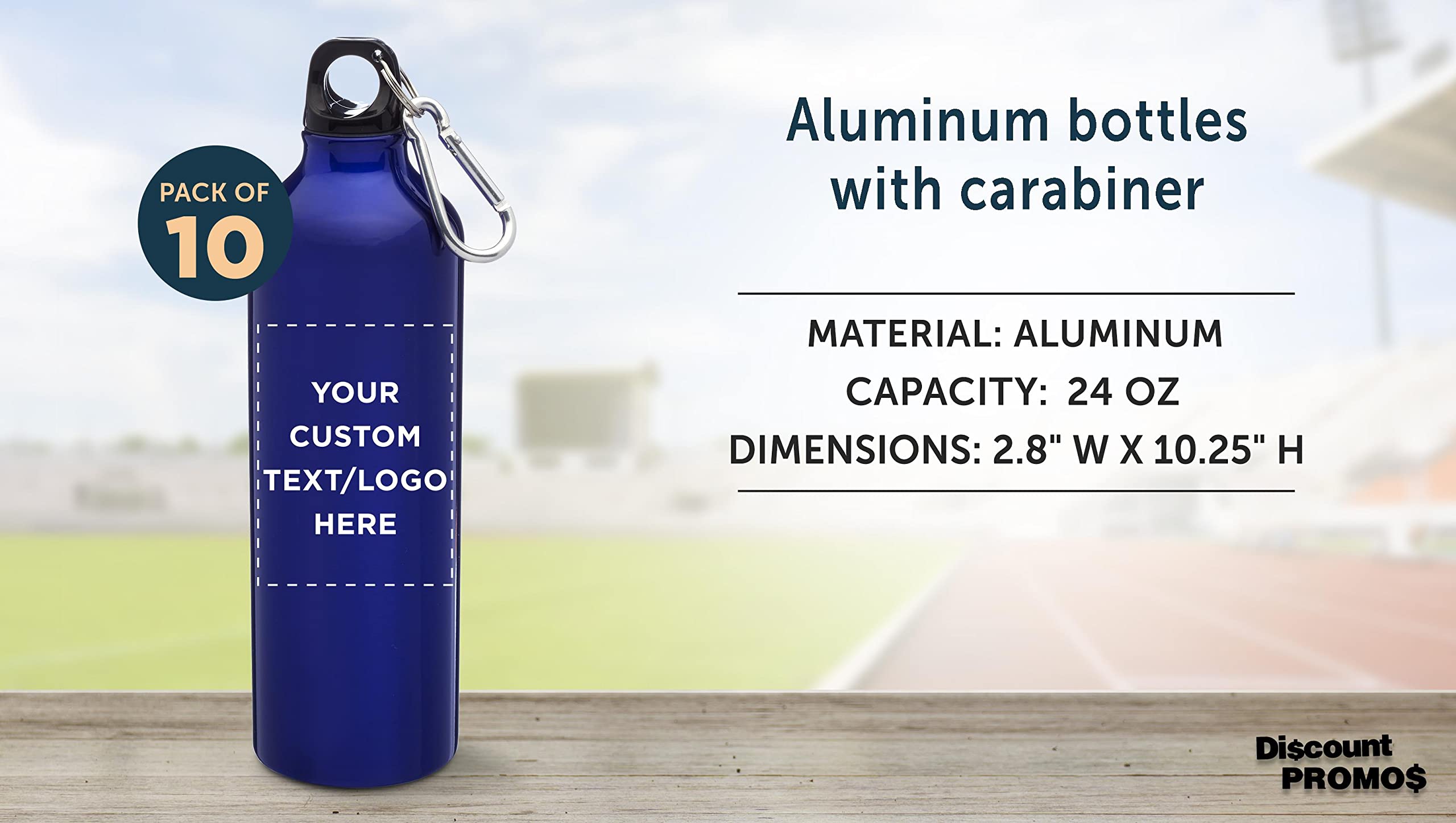 Custom 24 oz Aluminum Water Bottles with Carabiner - Bulk Pack of 10 Personalized Sport Bottles - Leakproof & Durable for Gym, Hiking, Camping, Running, Cycling - Perfect Gift for Outdoor Enthusiasts - Met Blue