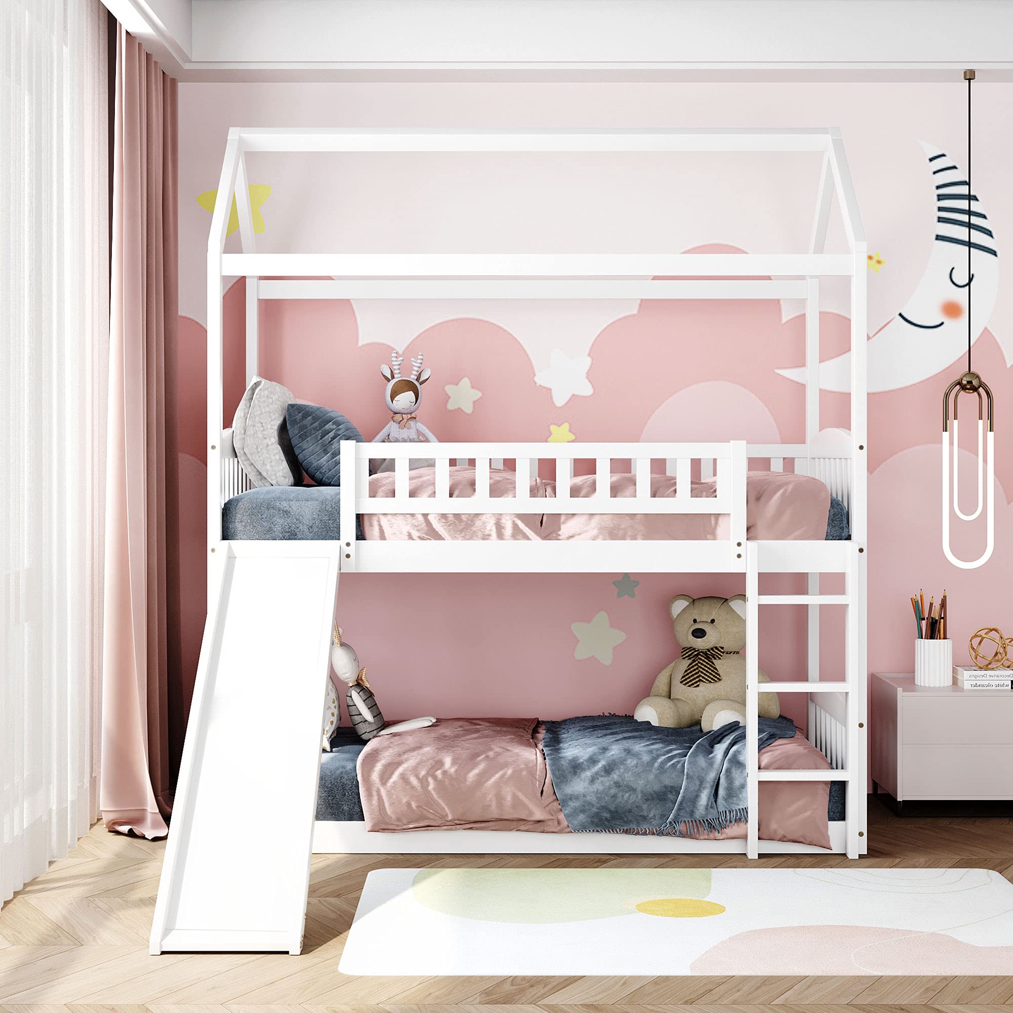 Bellemave Twin Over Twin Bunk Bed with Slide - White Playhouse Bed for Kids & Toddlers | Fun Bedroom Furniture for Boys & Girls | Perfect for Small Spaces & Playrooms