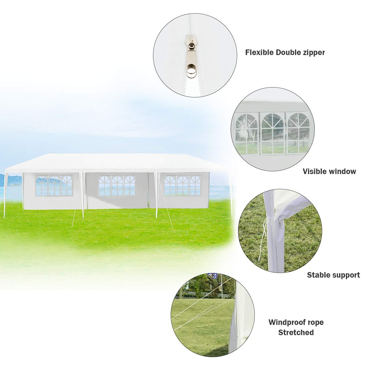 10FT x 30FT Heavy Duty Outdoor Wedding Party Tent with 5 Removable Sidewalls & Transparent Windows - Waterproof Instant Canopy Pavilion for Camping, BBQ, Backyard Events, and Outdoor Gatherings