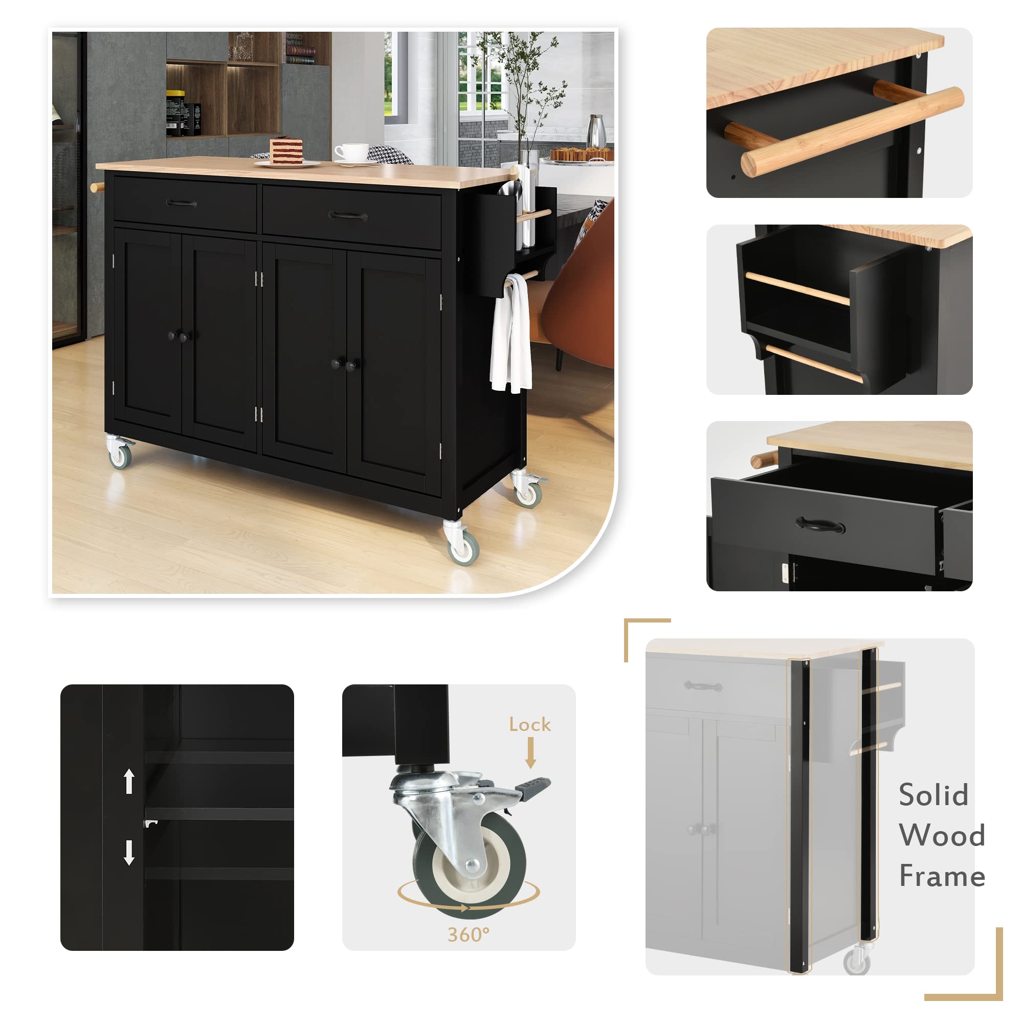 Solid Wood Kitchen Island Cart with Wheels & Storage - 54.3