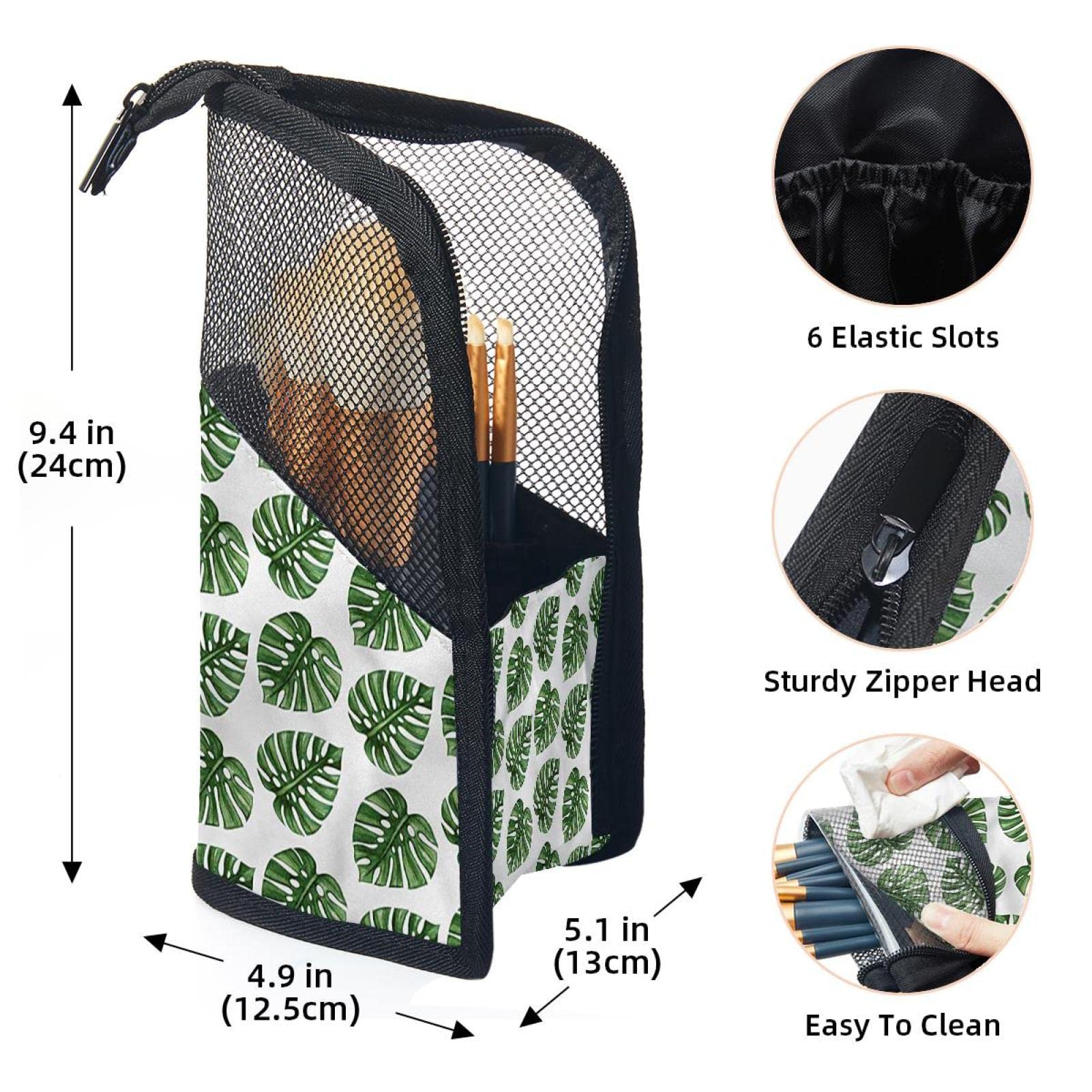 12-Piece Makeup Brush Organizer Bag with Green Tropical Leaves Design - Portable Travel Cosmetic Brush Holder Case for Summer Vacation, Beach Trips & On-The-Go Touch Ups