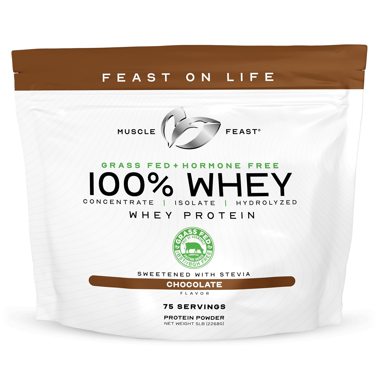 Muscle Feast 100% Grass-Fed Whey Protein Powder - Hormone Free, All Natural Chocolate Flavor (5lb) for Post-Workout Recovery & Muscle Growth
