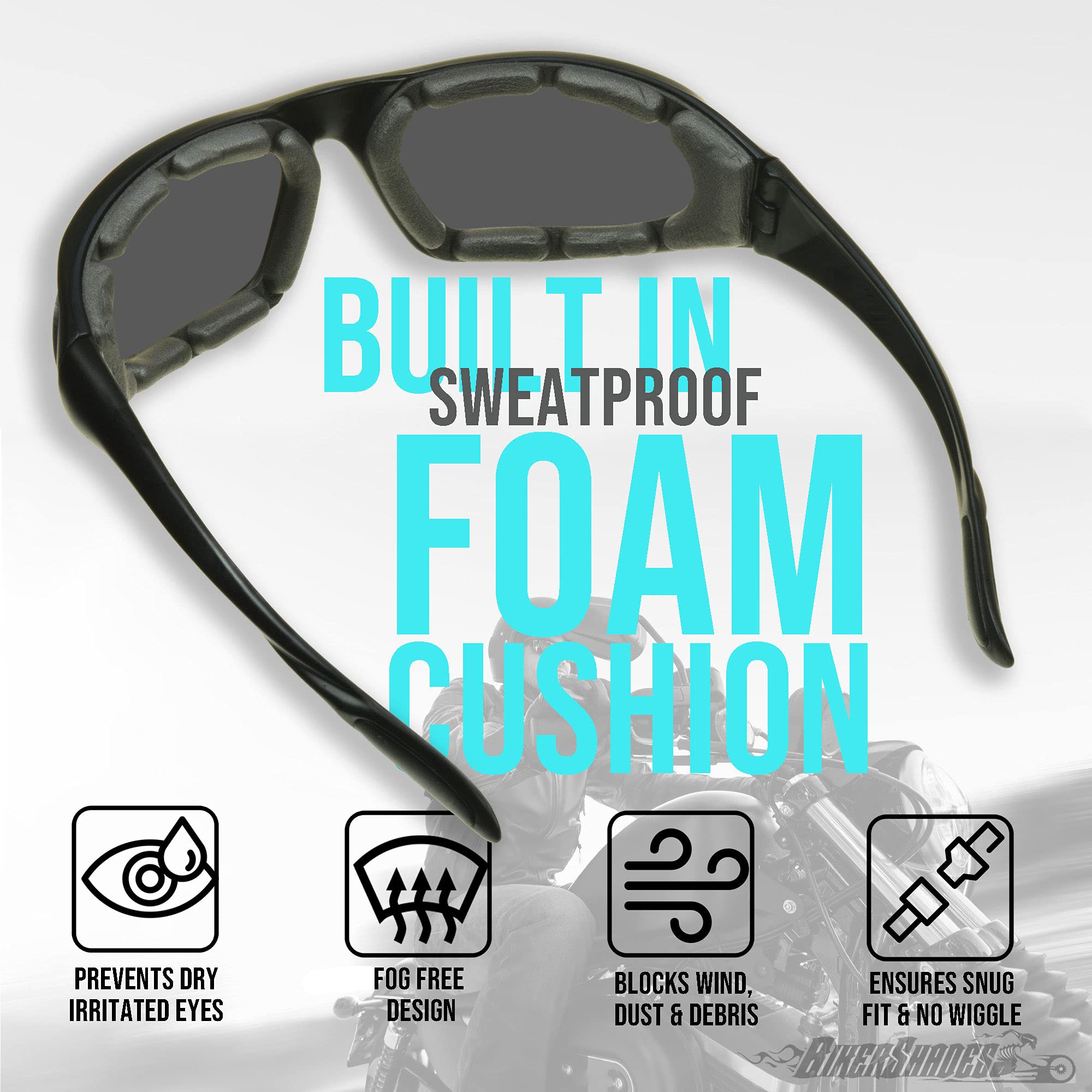 BikerShades Motorcycle Riding Sunglasses - UV Protection Safety Goggles for Men & Women - Windproof, Dustproof with Foam Padding - Perfect for Harley, Cruiser & Off-Road Biking