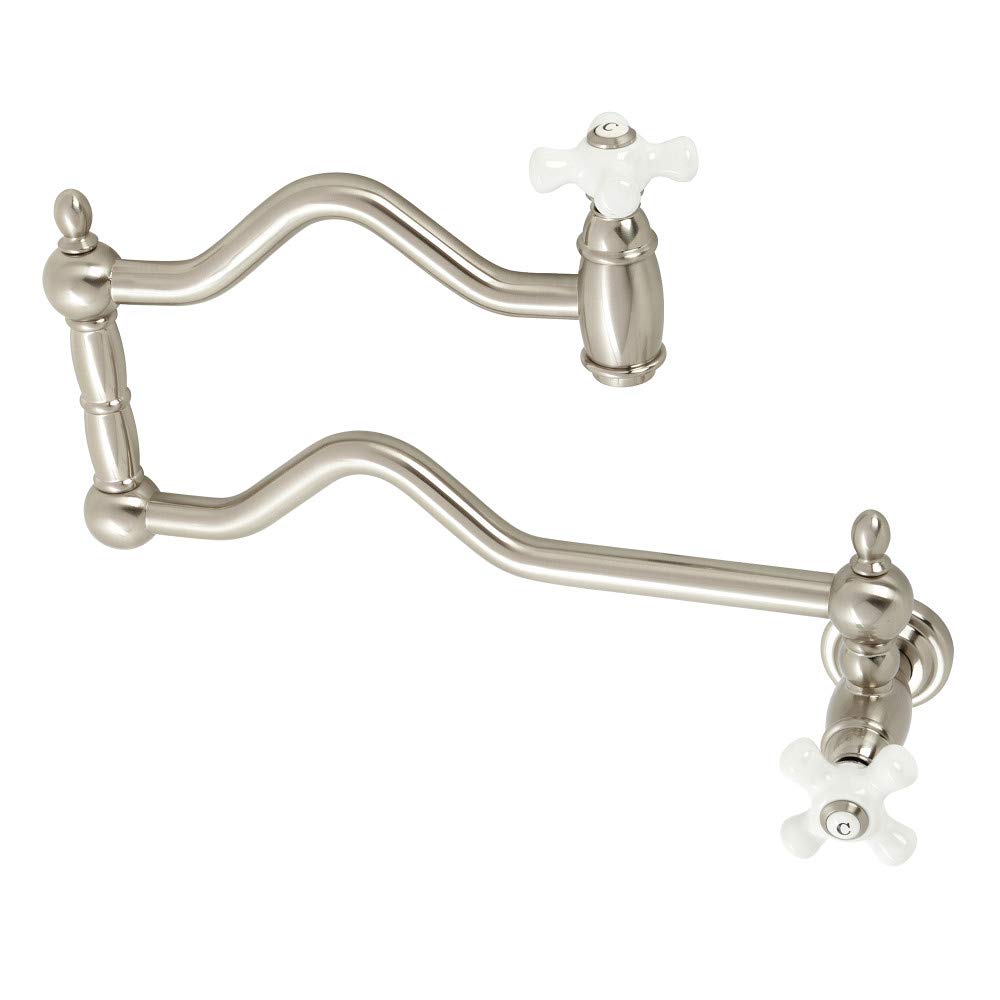 Kingston Brass KS2108PX Heritage Pot Filler Faucet - 24.13 Inch Brushed Nickel Wall Mount Kitchen Faucet for Stove & Cooking - Perfect for Home Chefs & Modern Kitchens