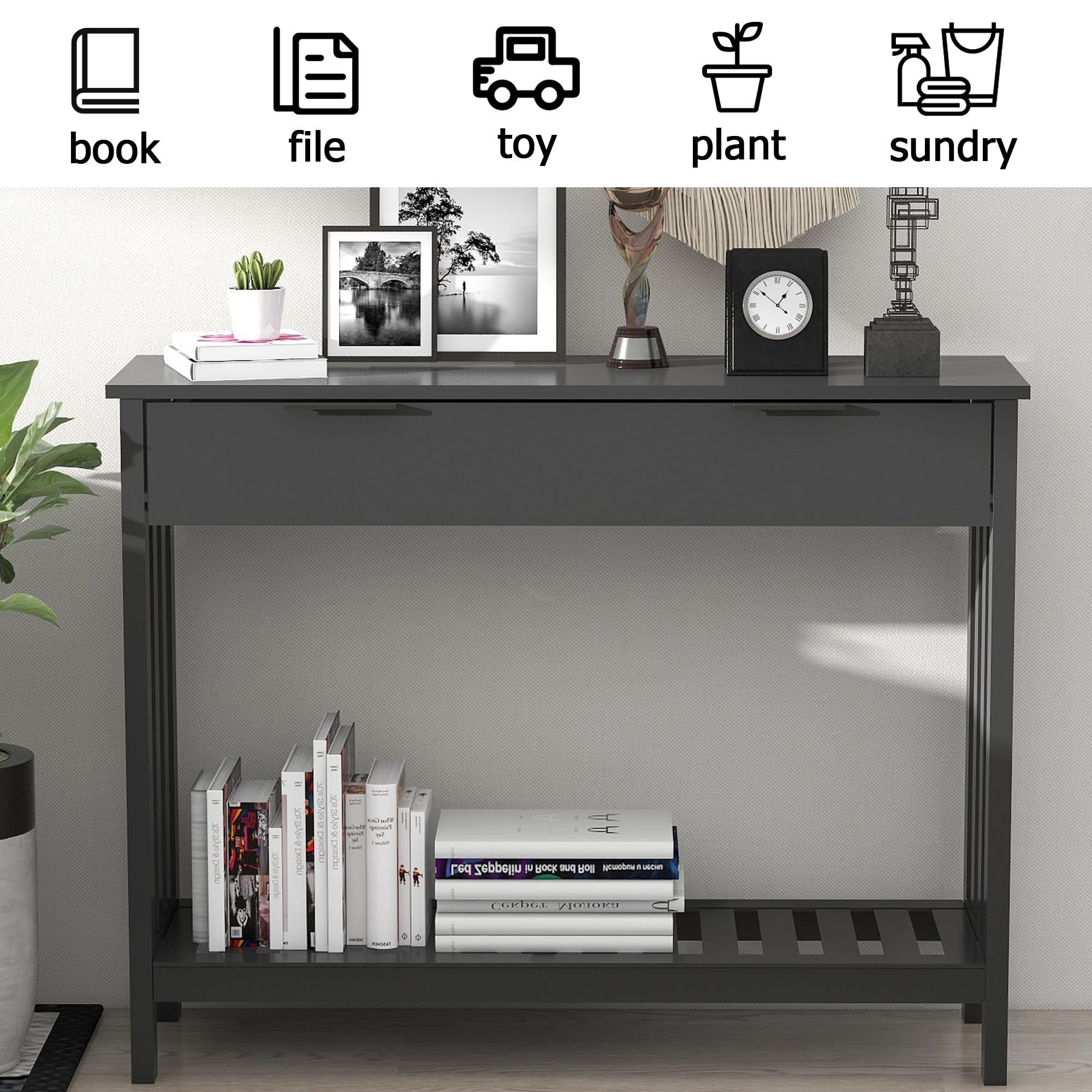 Modern Black Entryway Table with Drawer - Slim Wooden Console Table with Storage for Hallway, Living Room & Office - Perfect for Small Spaces, Front Door Decor & Sofa Side Table - Home & Office Organization Solution