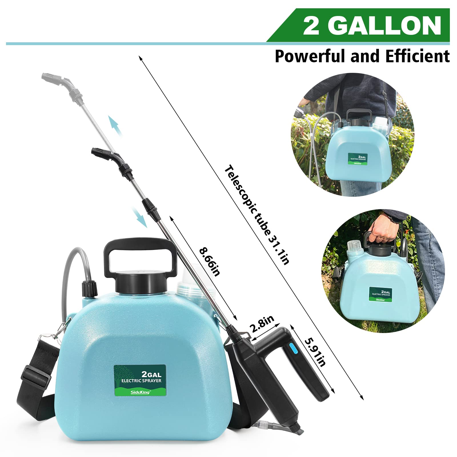 Upgraded 2 Gallon Battery Powered Electric Garden Sprayer with 3 Adjustable Mist Nozzles, Retractable Wand & Rechargeable Handle - Adjustable Shoulder Strap for Lawn Care, Weed Control, Pest Spraying & Outdoor Cleaning