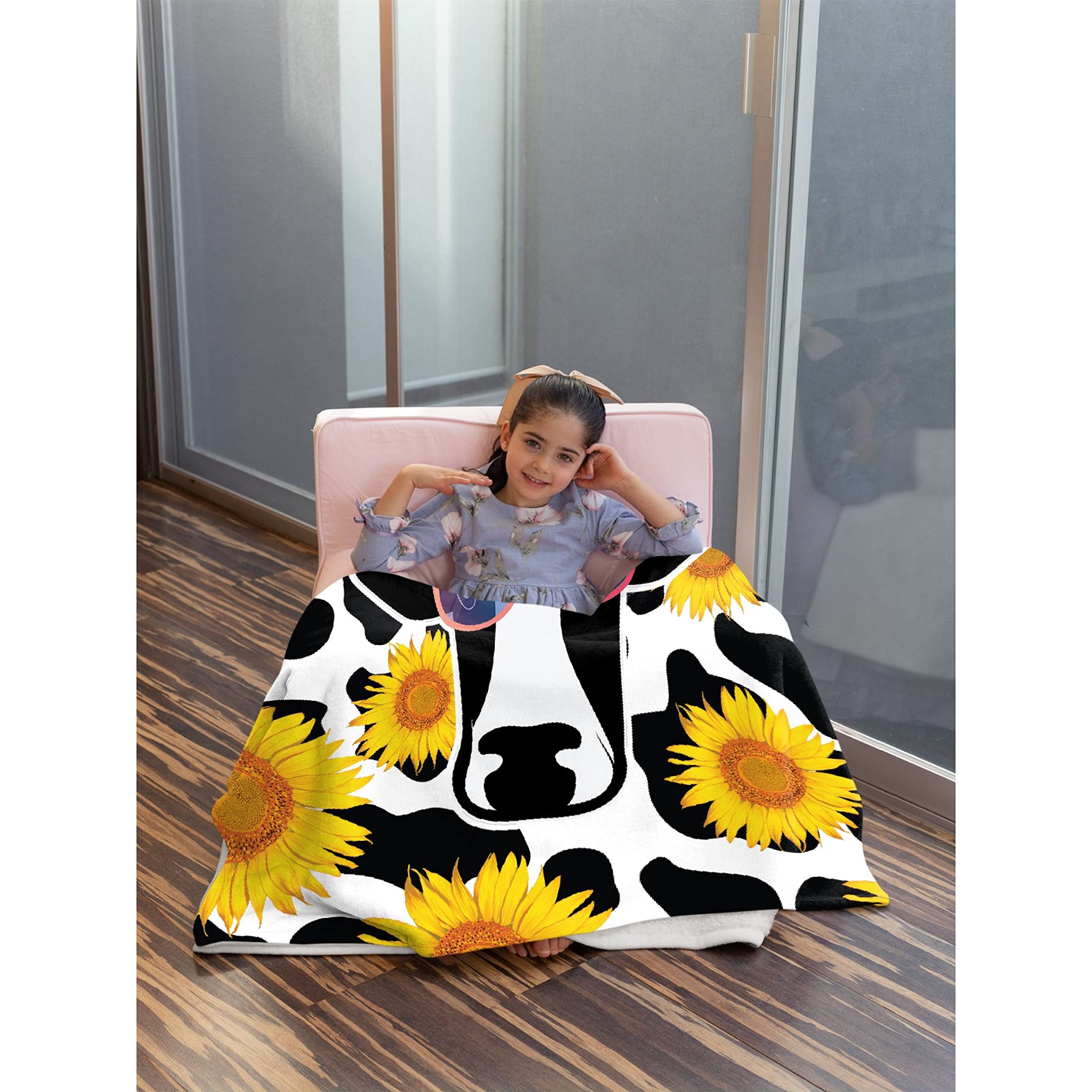 Sunflower Cow Print Plush Throw Blanket - Ultra Soft Lightweight Flannel Fleece Blanket for Baby Girls & Boys, Gifts - 120