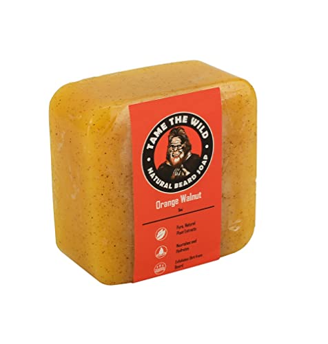 Natural Orange Walnut Beard Soap for Men - Organic Beard Wash & Shampoo with Shea Butter & Coconut Oil - Exfoliating Face & Body Scrub - 5oz Bar - Perfect Father's Day Gift for Beard Care & Grooming