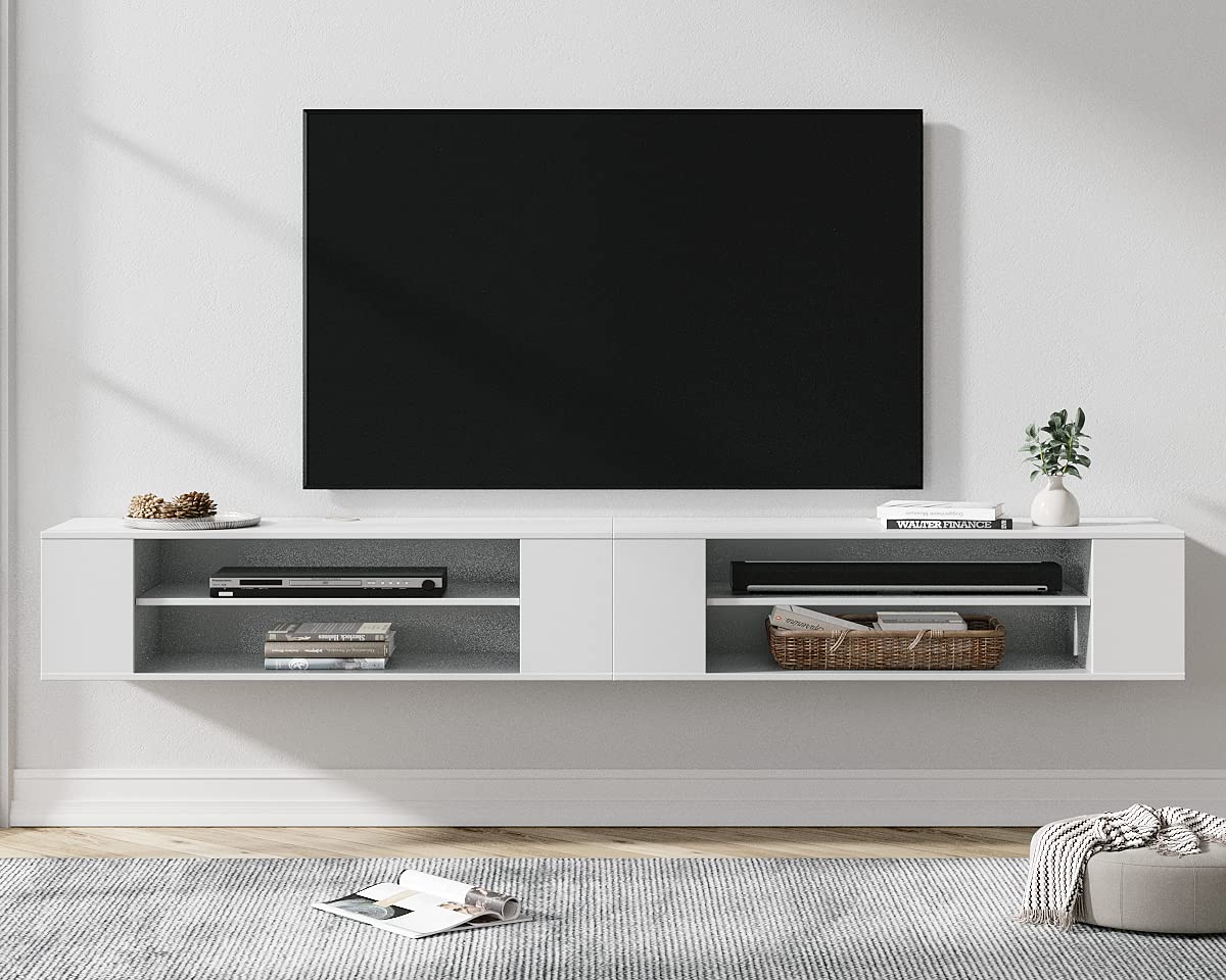 **WAMPAT 2-in-1 Floating TV Stand for 75+ Inch TVs - Wall Mounted Shelf, Wood Media Console with Storage, TV Cabinet Hutch & Under TV Desk for Living Room - White, 79 Inch - Perfect for Modern Home Entertainment Setup**