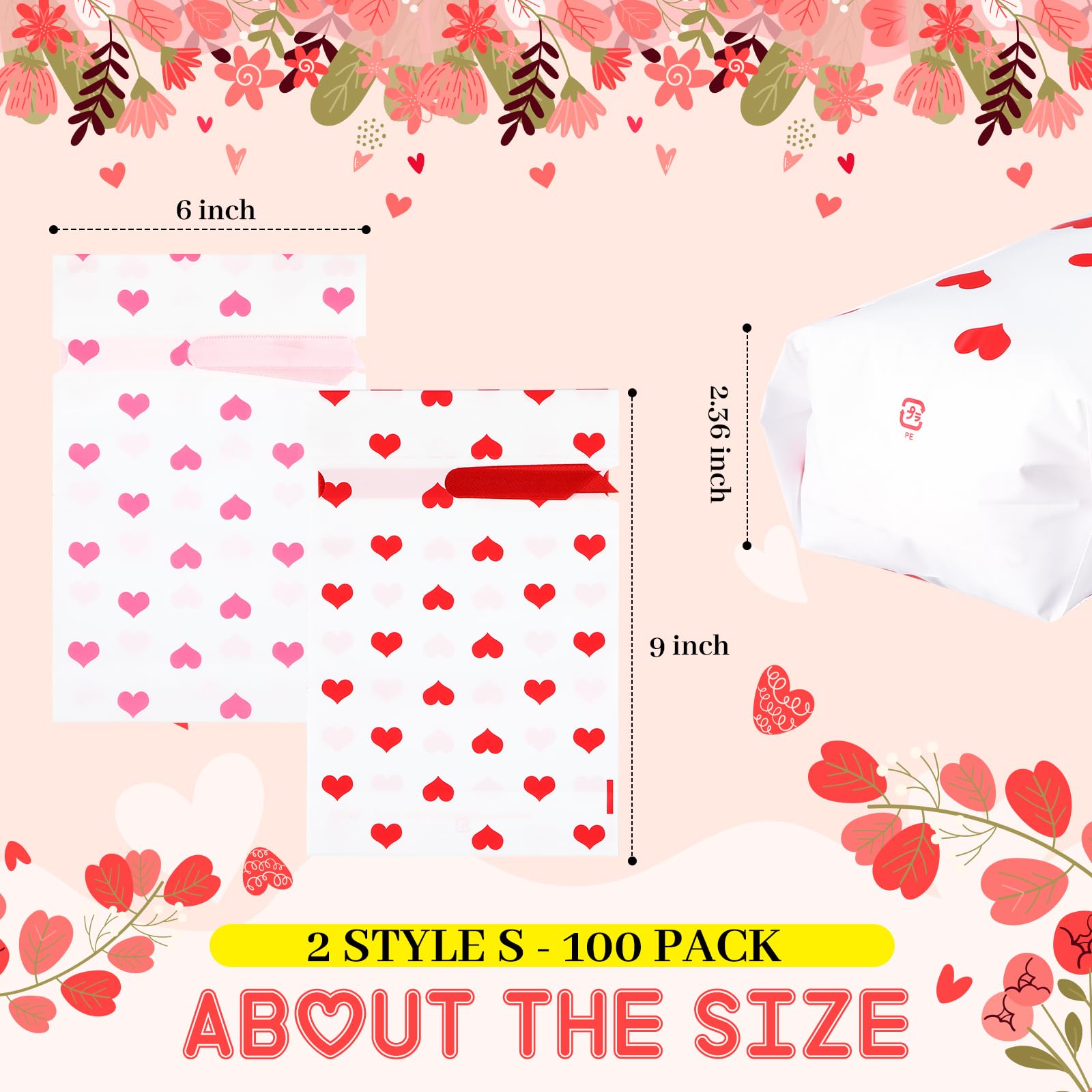 Valentine's Day Gift Bags 6x9 Inch - Heart Print Party Favors for Weddings & Events