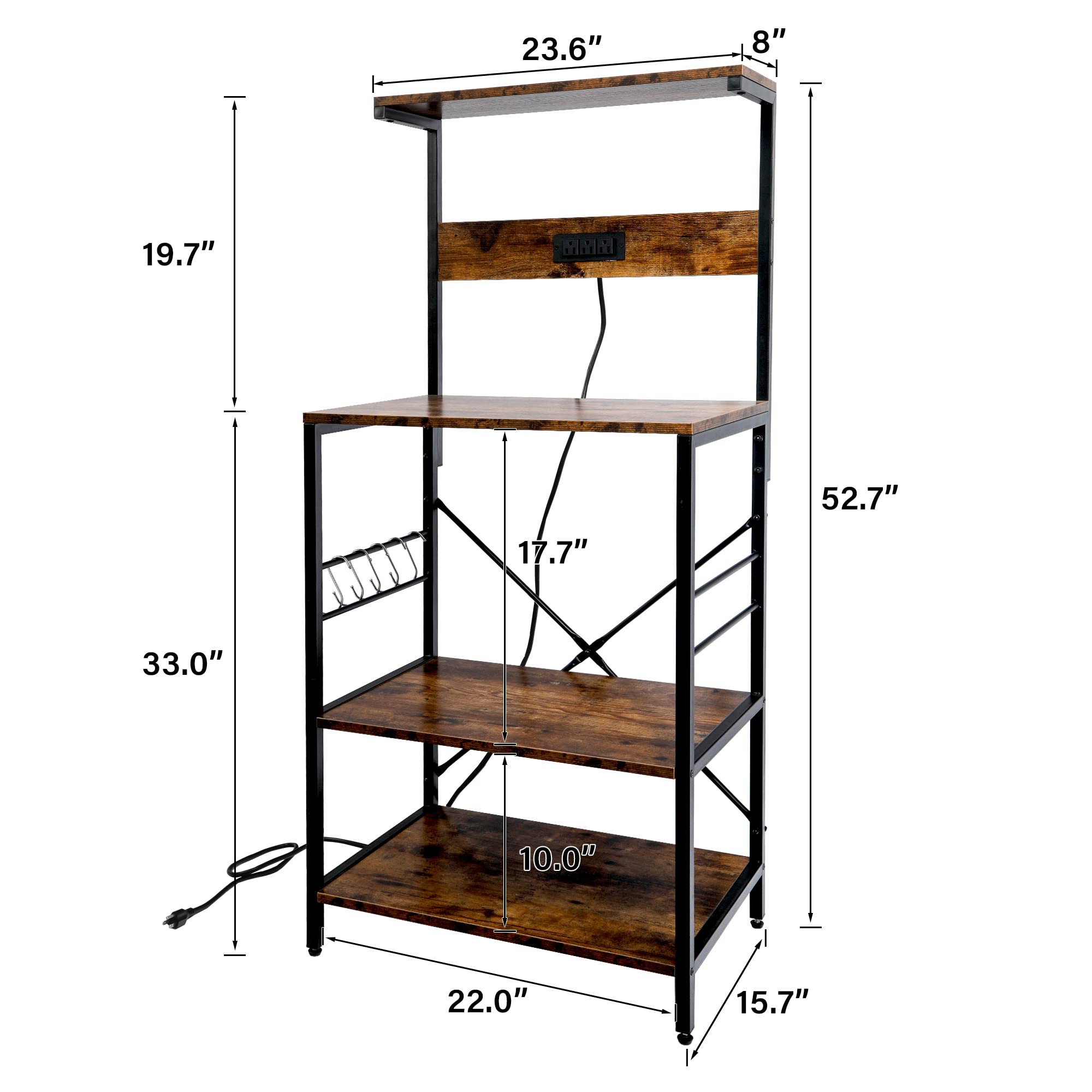 TC-HOMENY 3-Tier Bakers Rack with Power Outlet & 5 S-Hooks - Rustic Brown Kitchen Storage Shelf, Microwave Stand & Coffee Station Organizer | Perfect for Small Kitchens, Pantry Organization & Dining Room Storage