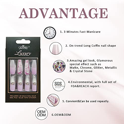 30 PCS Long Coffin Press on Nails - French Matte False Nails with Rhinestones & 3D Butterfly Designs | Full Cover Stick on Nails for Women & Girls (Purple) | Perfect for Parties, Weddings, and Special Occasions