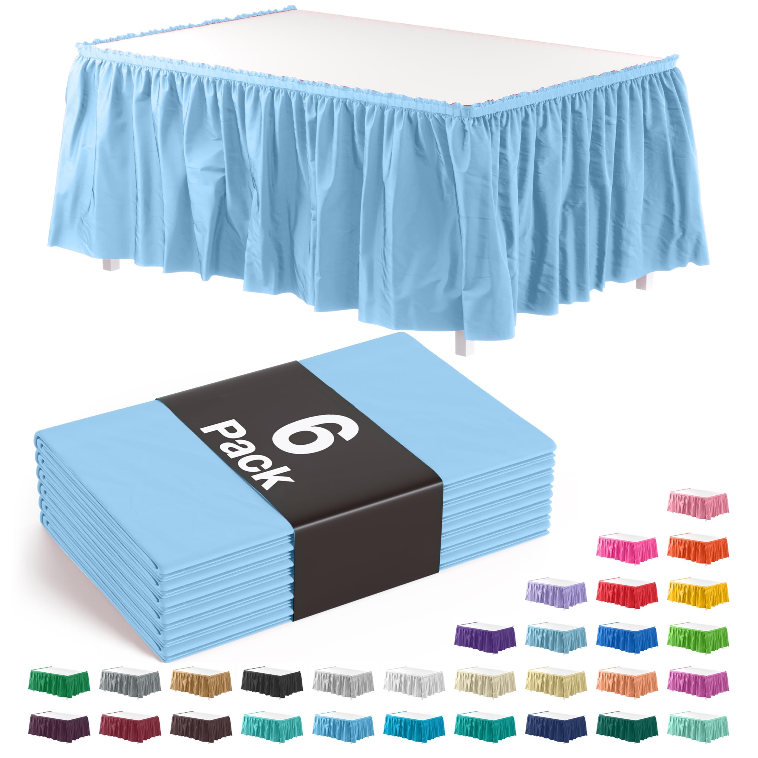Elegant Light Blue Ruffle Table Skirt - 6 Pack (14 Ft Long) for Rectangle & Round Tables - Self-Adhesive Strip - Perfect for Gender Reveal Parties, Birthday Decorations & Wedding Receptions