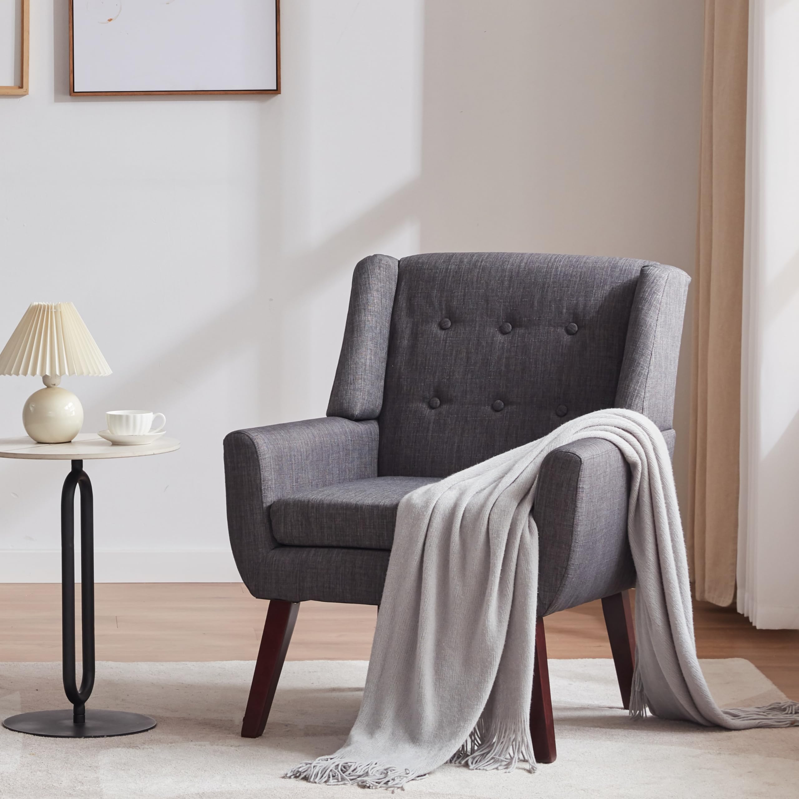 HUIMO Mid Century Modern Accent Chair - Upholstered Button Tufted Armchair with Linen Fabric, Comfortable Reading Chair for Living Room, Bedroom & Office (Grey) - Perfect for Relaxing, Reading & Home Decor