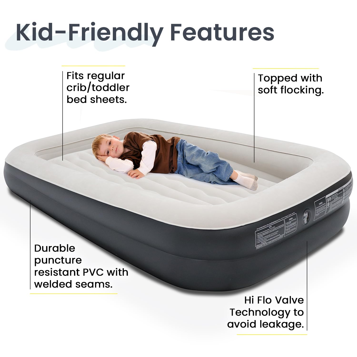 **King Koil Premium Inflatable Toddler Travel Bed with Built-in Safety Bumper - Portable Air Mattress for Kids, Camping & Sleepovers - Includes High-Speed Pump & 1-Year Warranty (Black)**    **Use Cases:** Perfect for family vacations, overnight stays, camping trips, daycare naps, and guest sleepovers.
