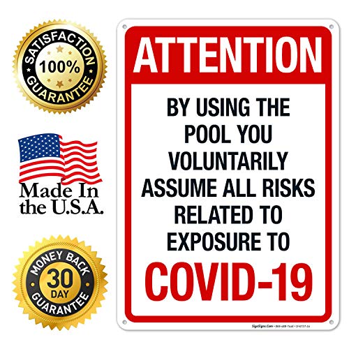 10x14 Inches Rust-Free .040 Aluminum Pool Warning Sign - 'Attention: Using The Pool You Voluntarily Assume All Risks' - Fade Resistant for Indoor/Outdoor Use - Made in USA - Perfect for Public Pools, Water Parks & Backyard Safety