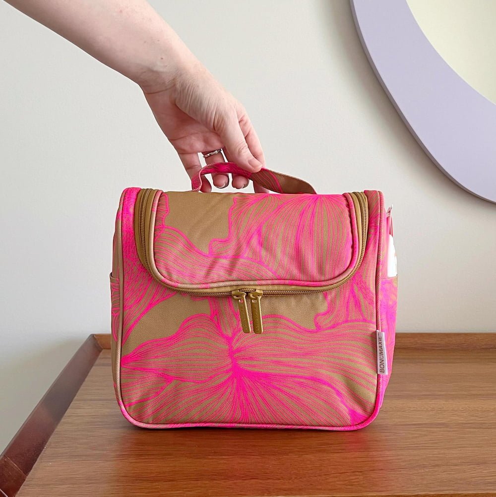 Bon Voyage Travel Toiletry Bag - Waterproof Cosmetic Organizer with Hanging Hook, Neon Pink/Tan Floral Design - Perfect for Vacation, Business Trips & Gym Essentials