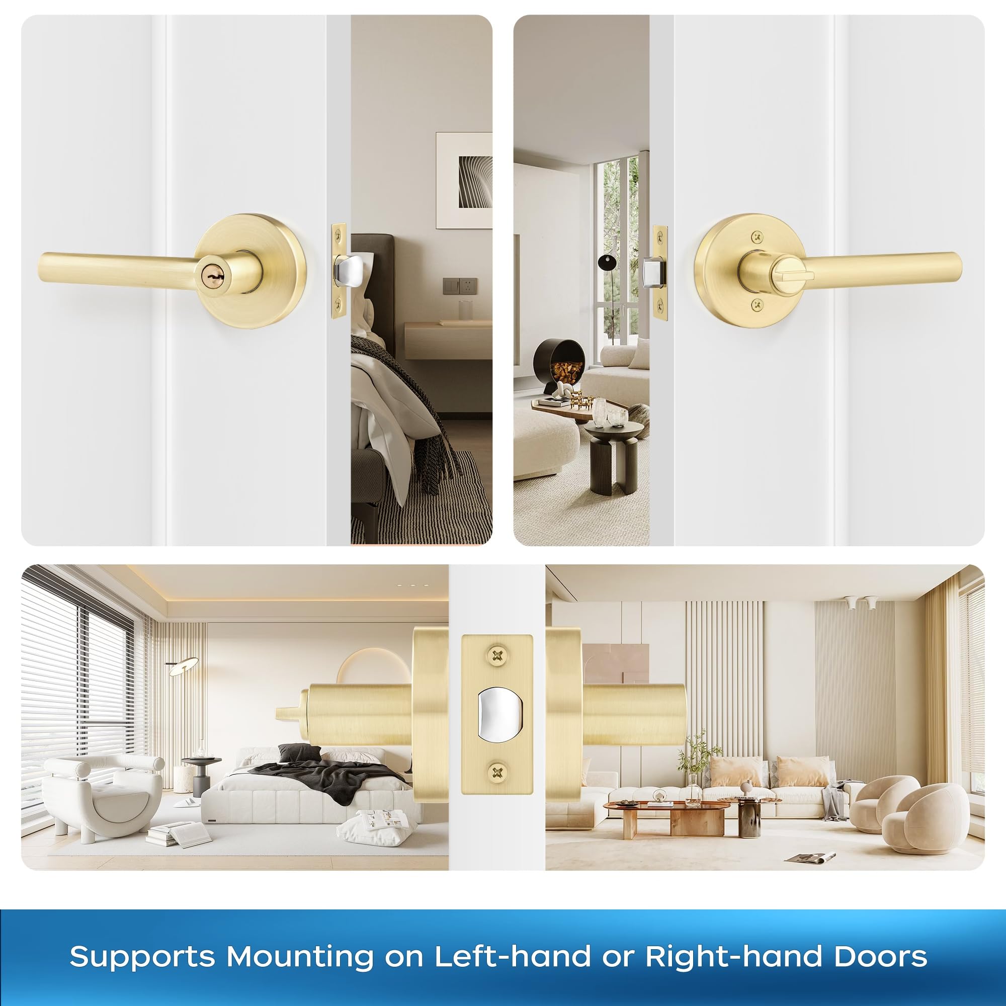 Leydebong 3 Pack Heavy Duty Exterior Door Handleset with Lock & Key - Keyed Alike, Gold Lever Handle for Left or Right Hand Doors | Secure Entry for Homes, Offices & Apartments