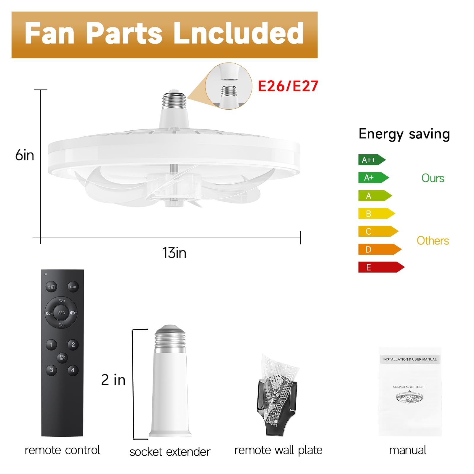 Smart LED Ceiling Fan Light with Remote Control - 13