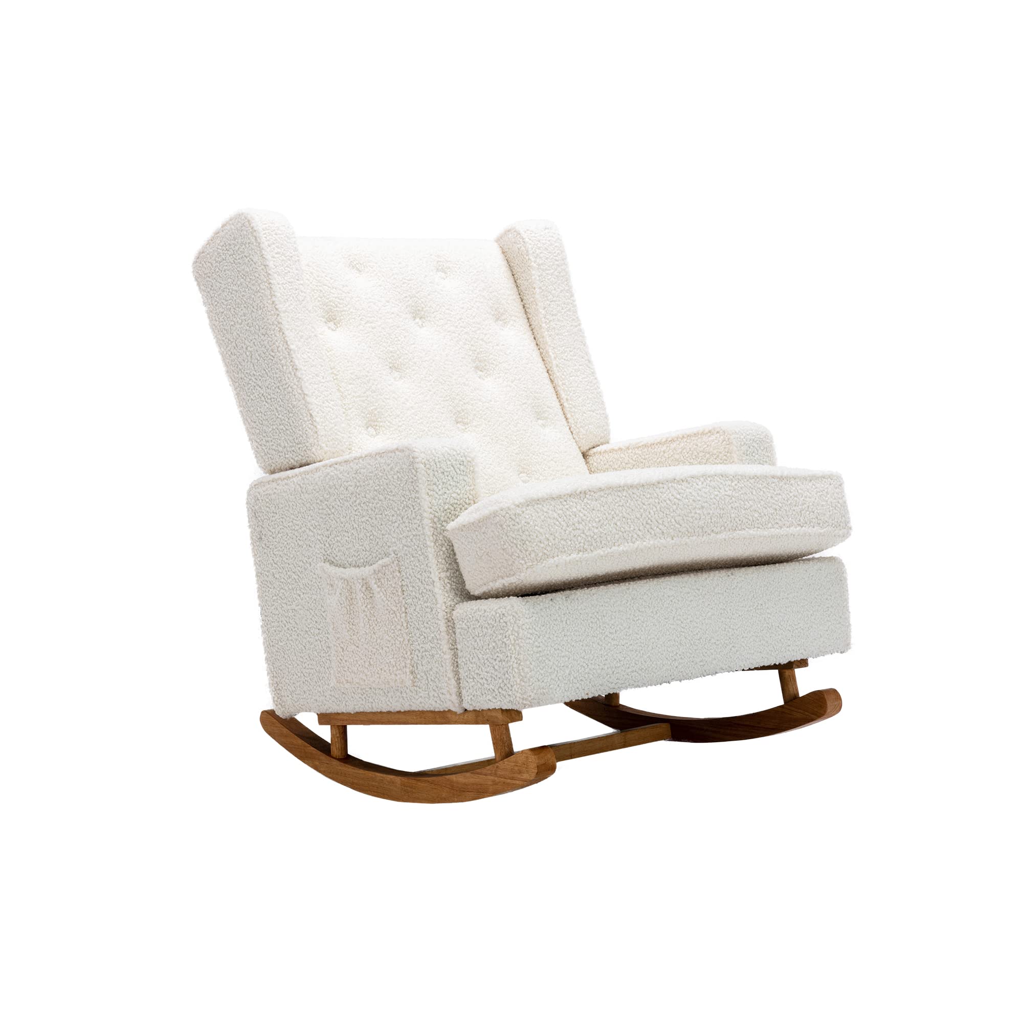 Bellemave White Teddy Rocking Chair - Upholstered Mid Century Modern Accent Chair for Living Room, Nursery & Baby Room with Solid Wood Base - Cozy Rocker for Relaxing, Nursing & Reading