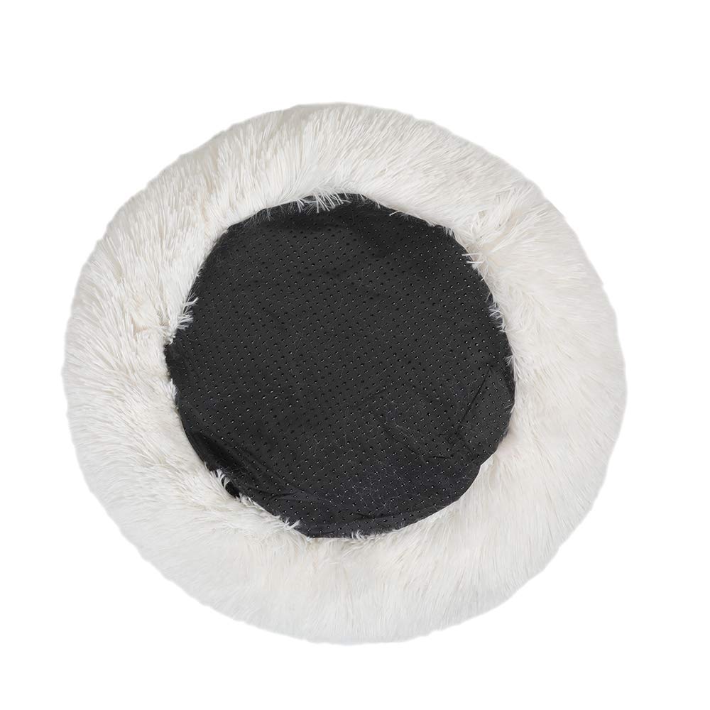 Otoez Round Donut Dog Bed for Small Dogs & Cats - Washable Fluffy Plush Anti-Anxiety Pet Bed with Non-Slip Waterproof Bottom (23.6 Inches, White) - Perfect for Calming Nervous Pets in Living Room or Bedroom