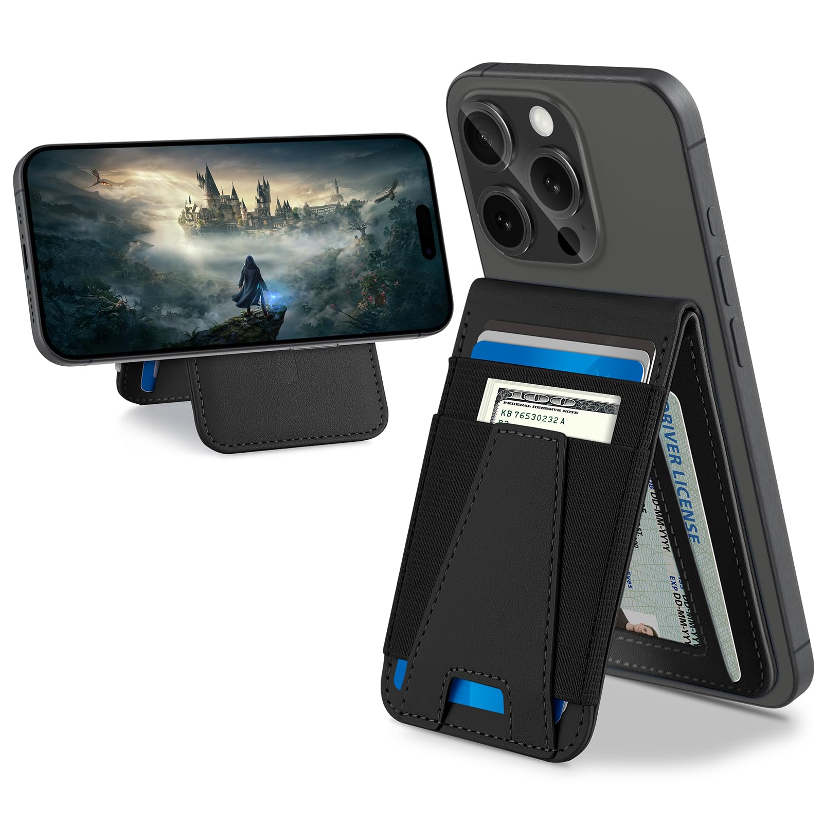 TopMade Magnetic Wallet Stand for iPhone 16/15/14/13/12 Series - 4 Card Slots, Holds 10 Cards, RFID Blocking with ID Window (Not for 13/12 Mini) - Perfect for Daily Commute, Travel & Hands-Free Viewing