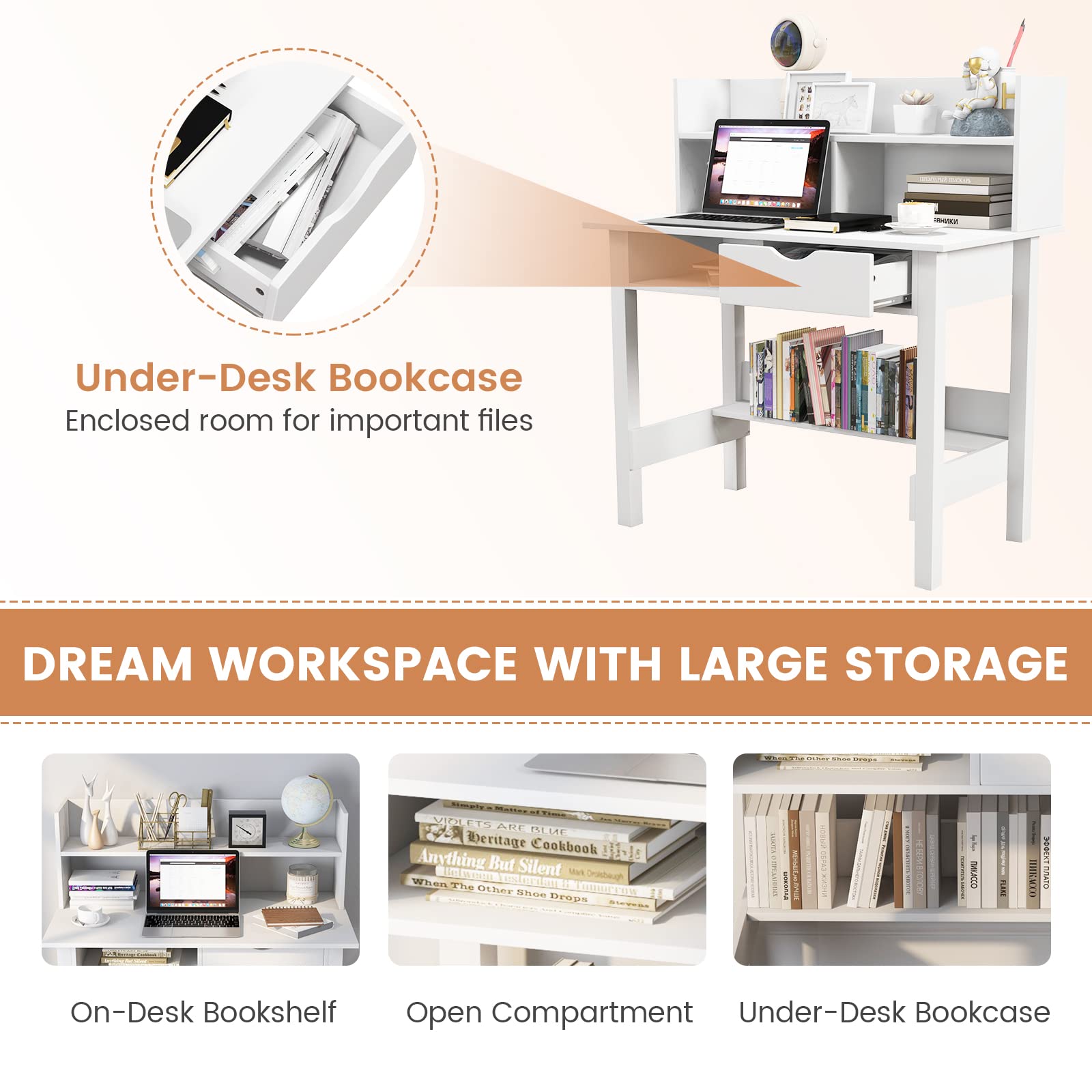 Tangkula White Desk with Hutch - Modern Home Office Writing Study Desk with Storage Bookshelf & Drawer, Makeup Vanity Desk for Bedroom, PC Laptop Computer Desk for Working & Studying - Perfect for Small Spaces, Dorm Rooms & Home Offices